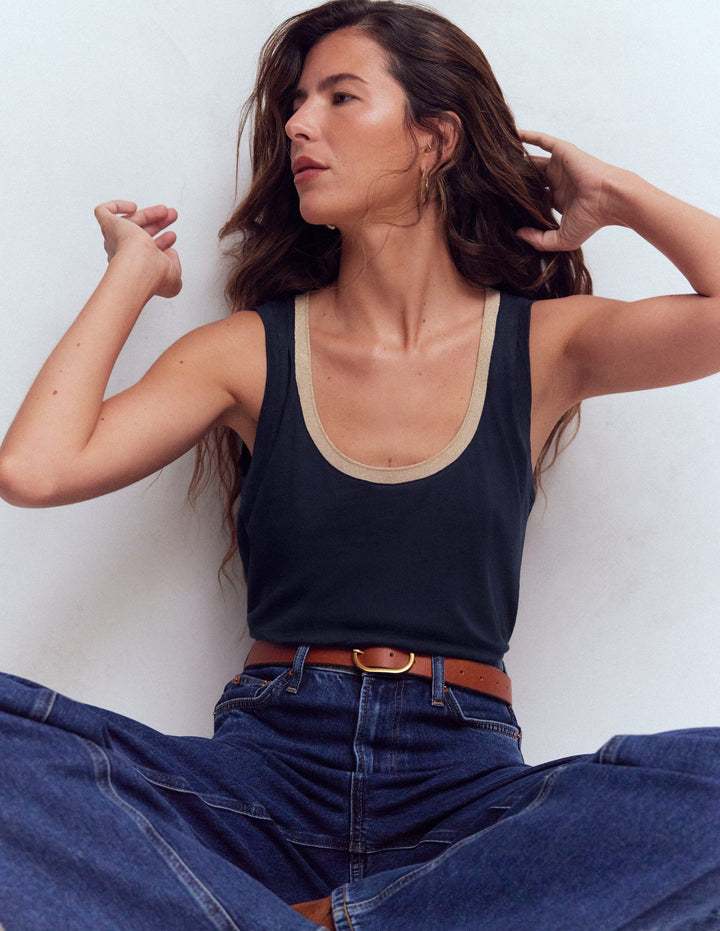 Metallic Trim Scoop Neck Vest-Navy