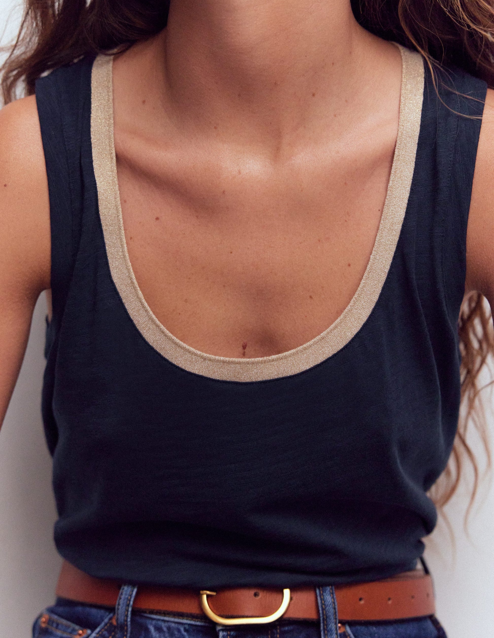 Metallic Trim Scoop Neck Vest-Navy-2