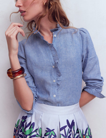 Isabel Ruffle Linen Shirt-Chambray-3