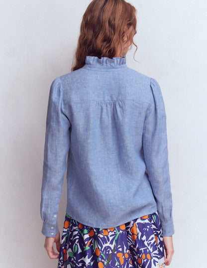 Isabel Ruffle Linen Shirt-Chambray-4