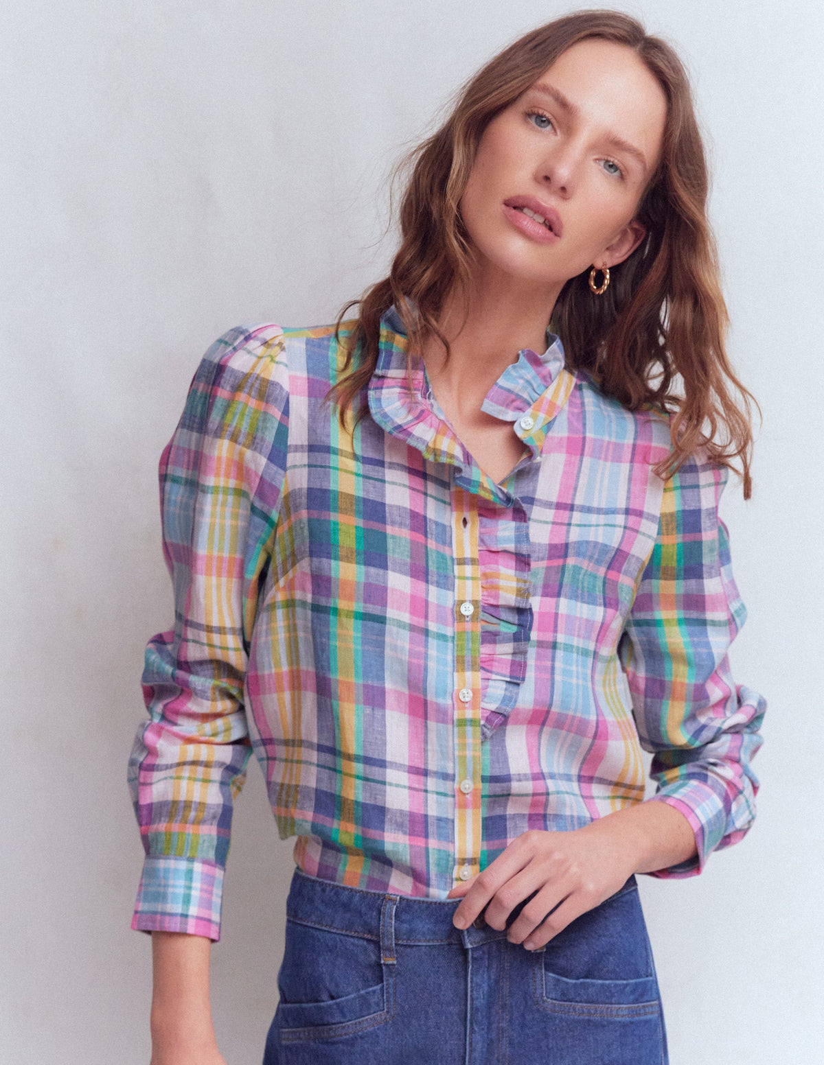 Isabel Ruffle Linen Shirt-Blue, Pink and Green Madras - Image 1