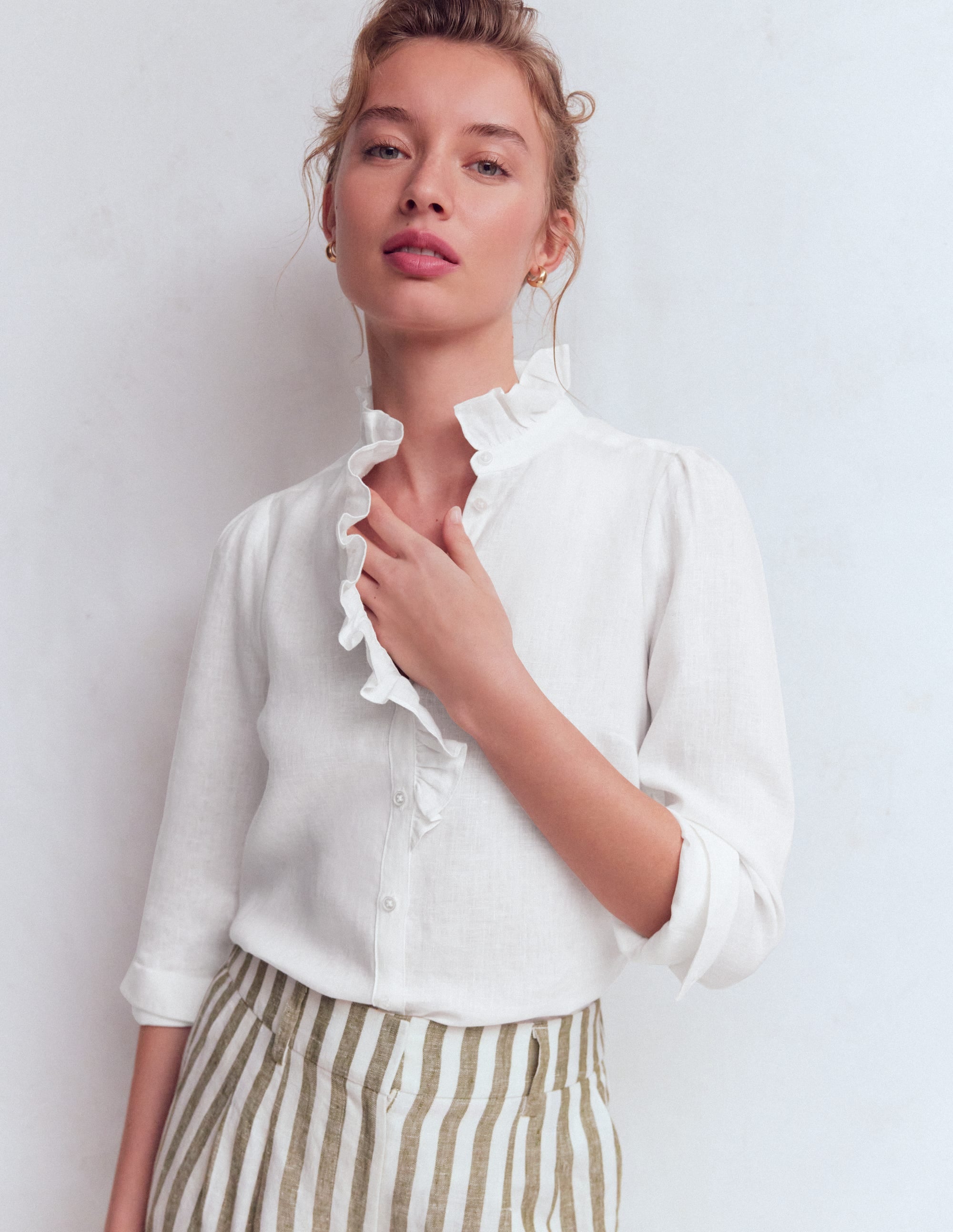 Isabel Ruffle Linen Shirt-White - Image 1