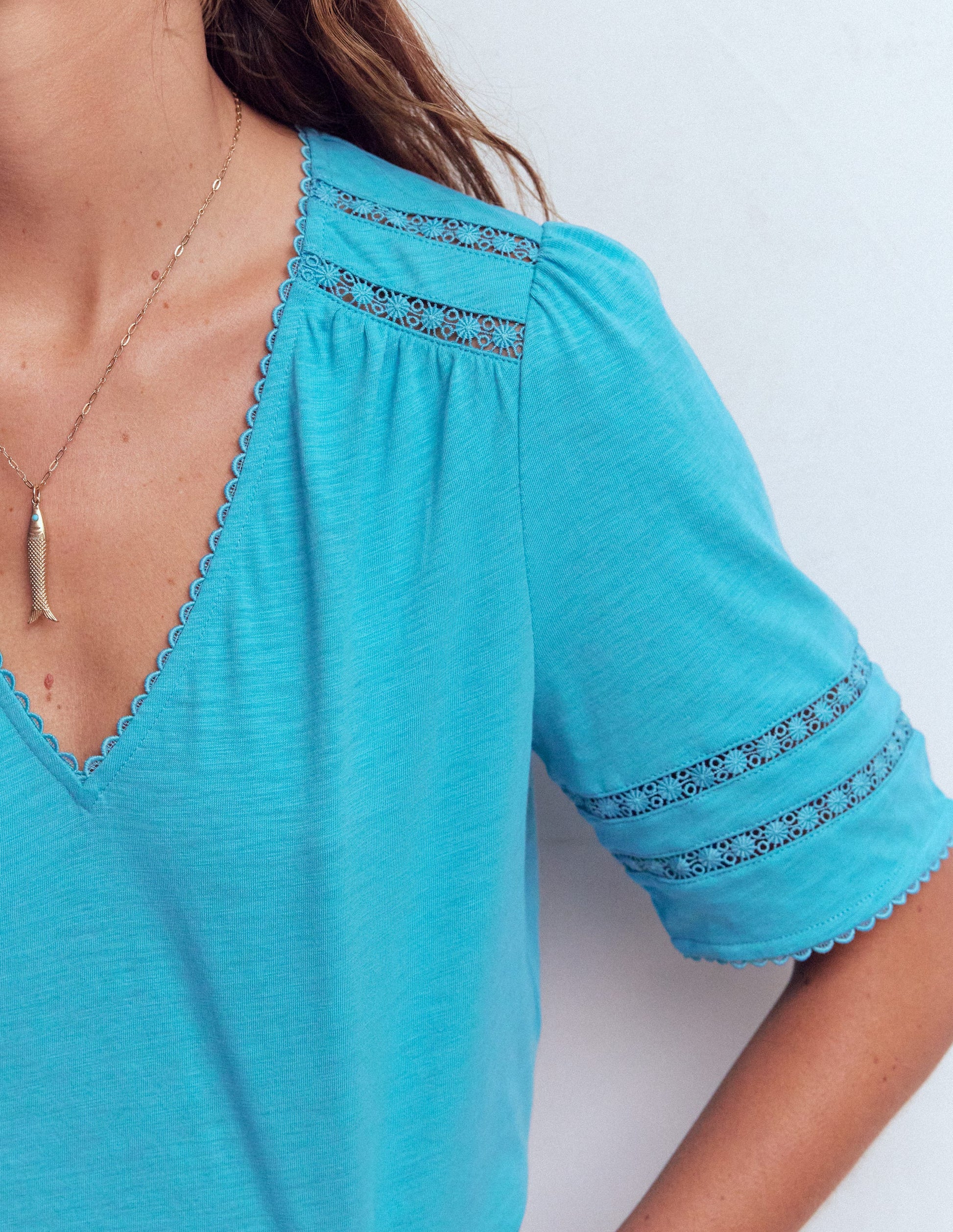 Poppy Trim V Neck T-Shirt-Duck Egg Blue-2
