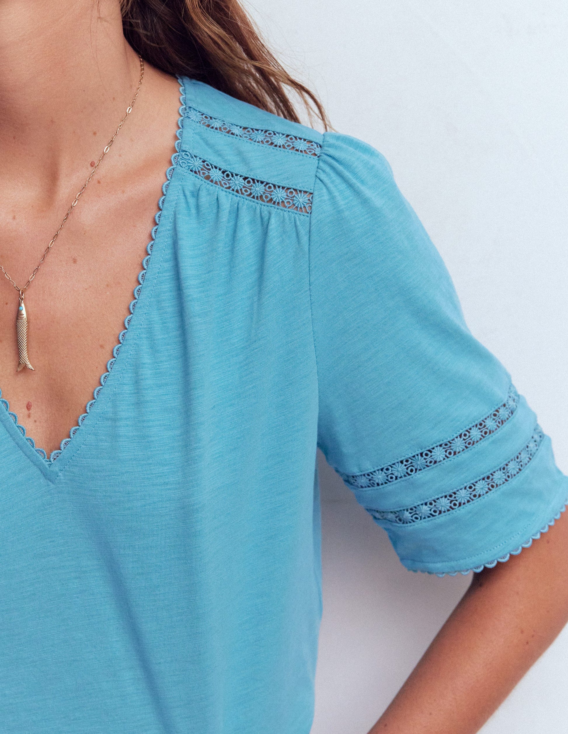 Poppy Trim V Neck T-Shirt-Duck Egg Blue-2
