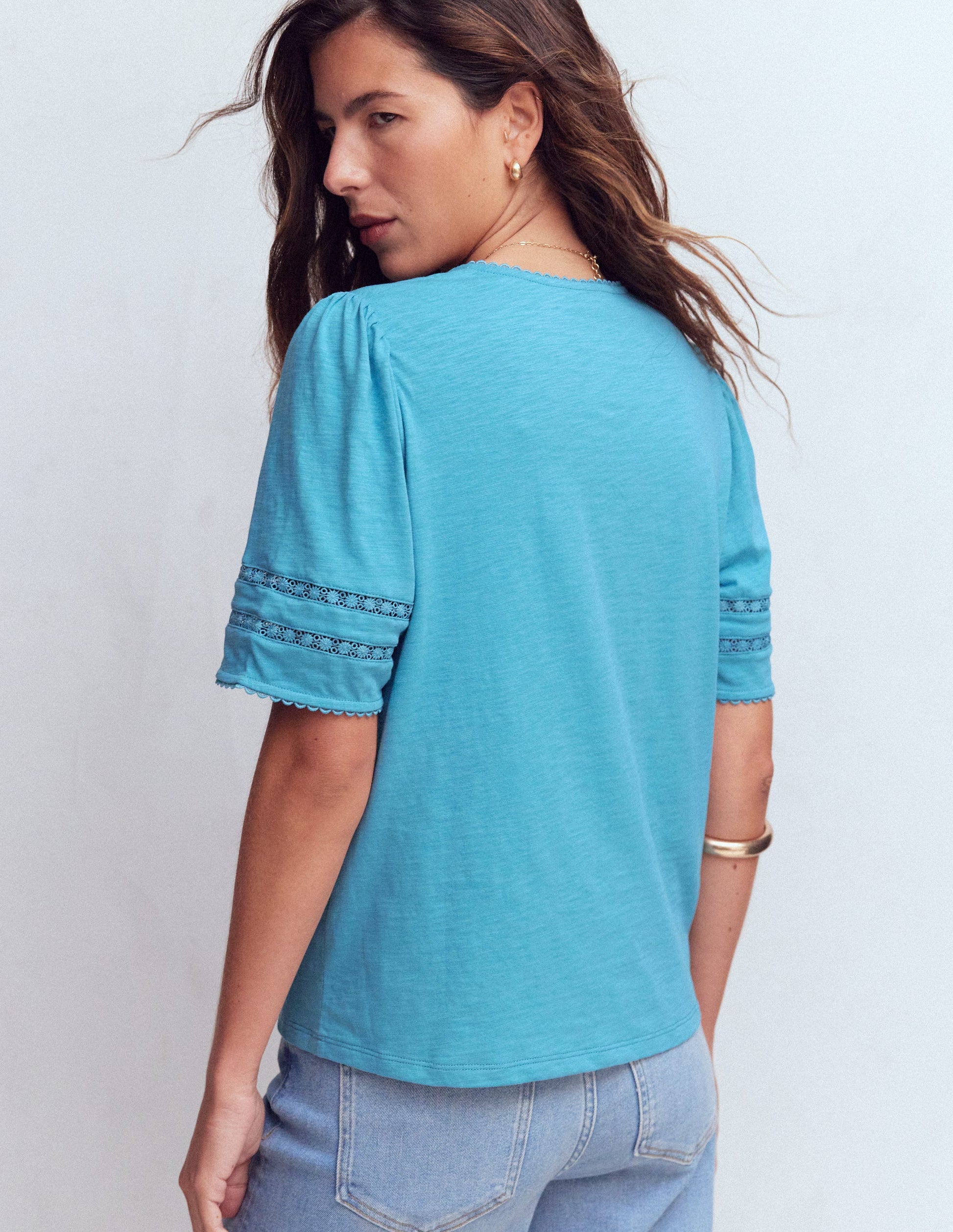 Poppy Trim V Neck T-Shirt-Duck Egg Blue-3