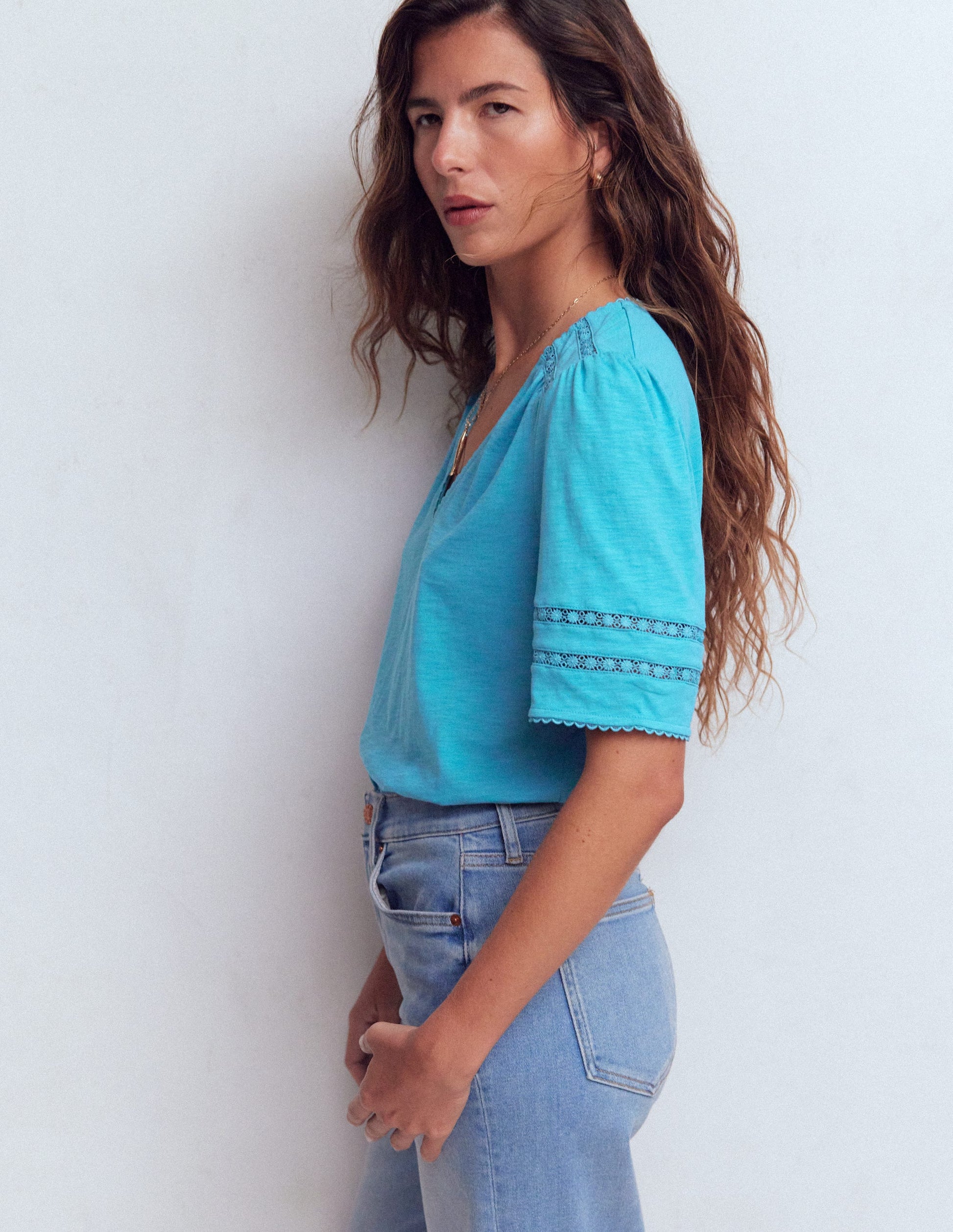 Poppy Trim V Neck T-Shirt-Duck Egg Blue-5