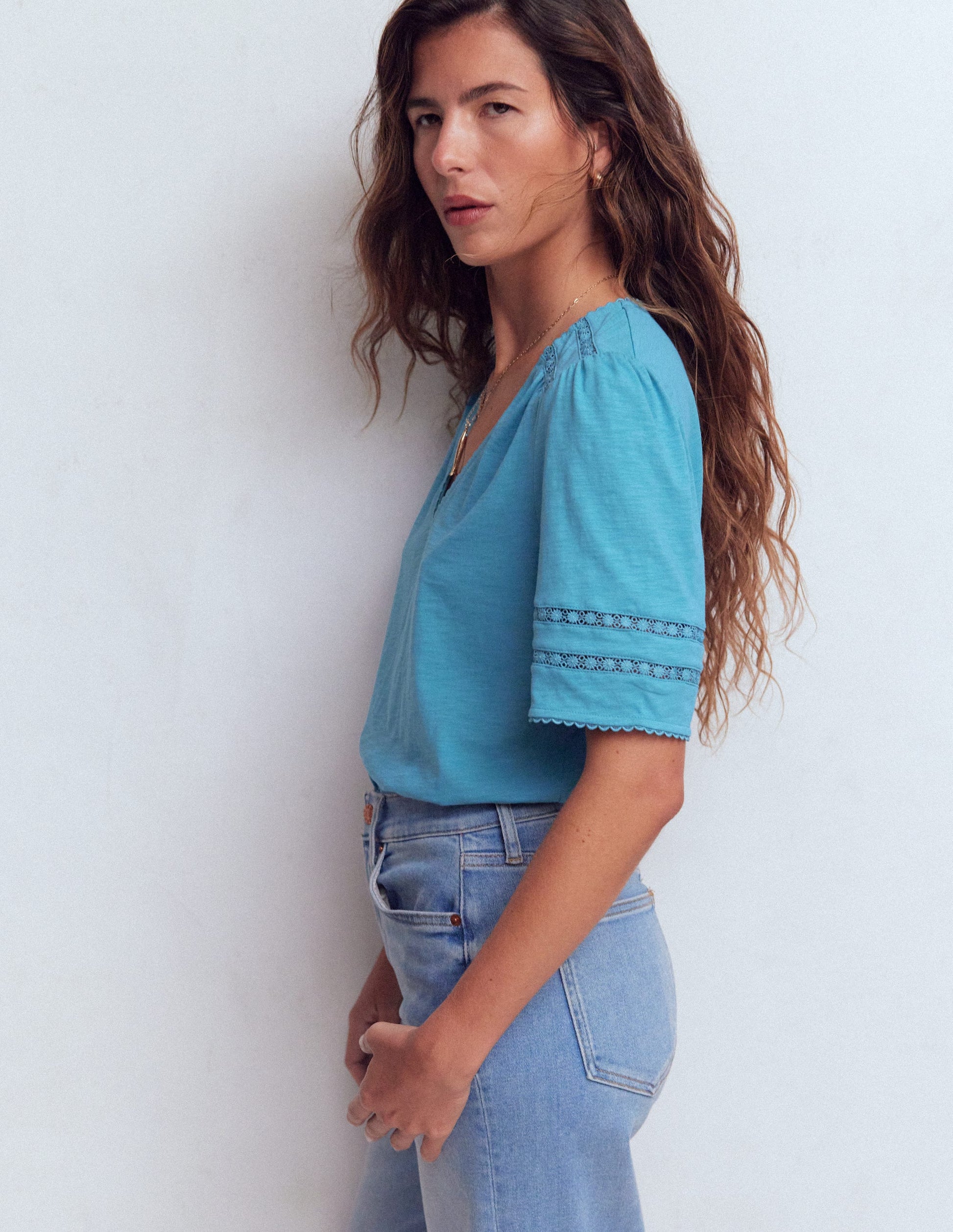 Poppy Trim V Neck T-Shirt-Duck Egg Blue-5