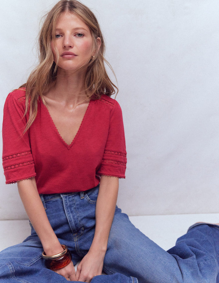 Poppy Trim V Neck T-Shirt-Terracotta Red
