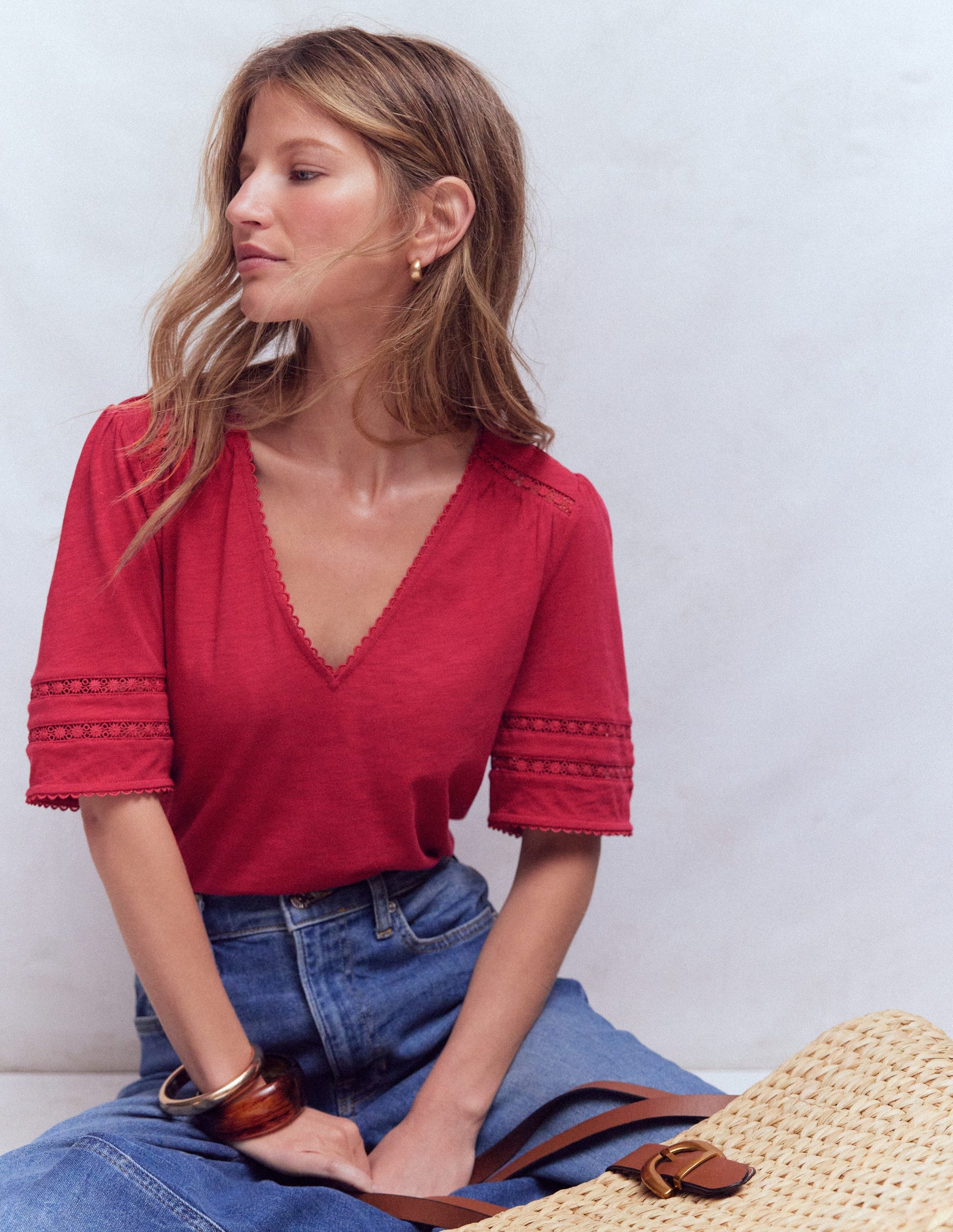 Poppy Trim V Neck T-Shirt-Terracotta Red-4