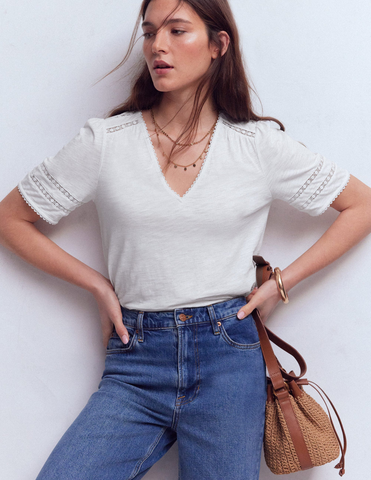 Poppy Trim V Neck T-Shirt-White - Image 1