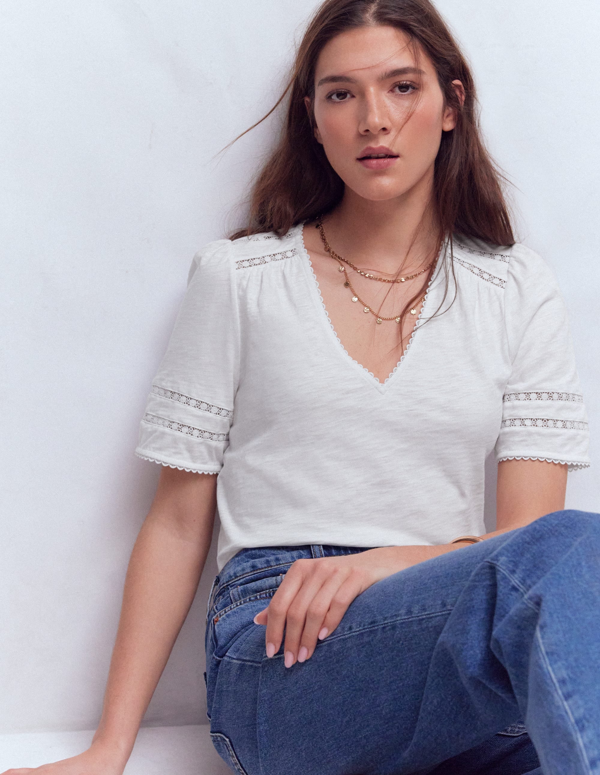 Poppy Trim V Neck T-Shirt-White - Image 4