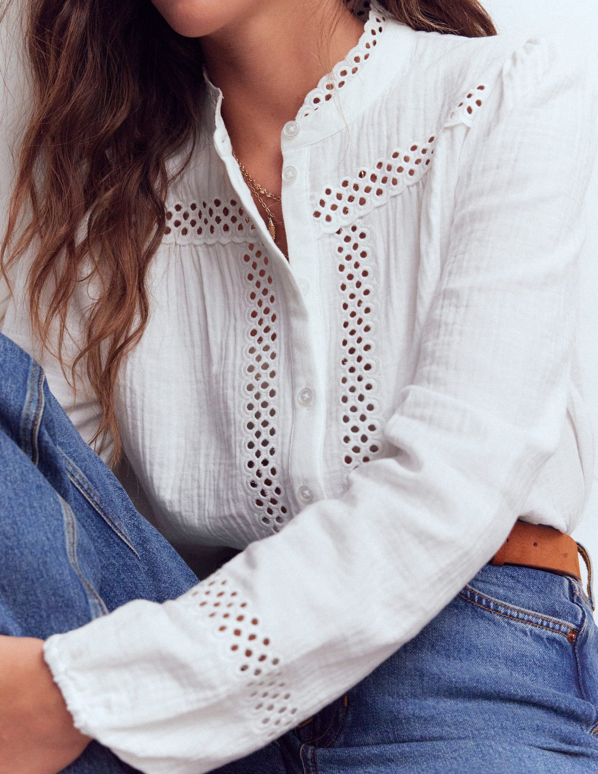 Trim Detail Double Cloth Top-White-6