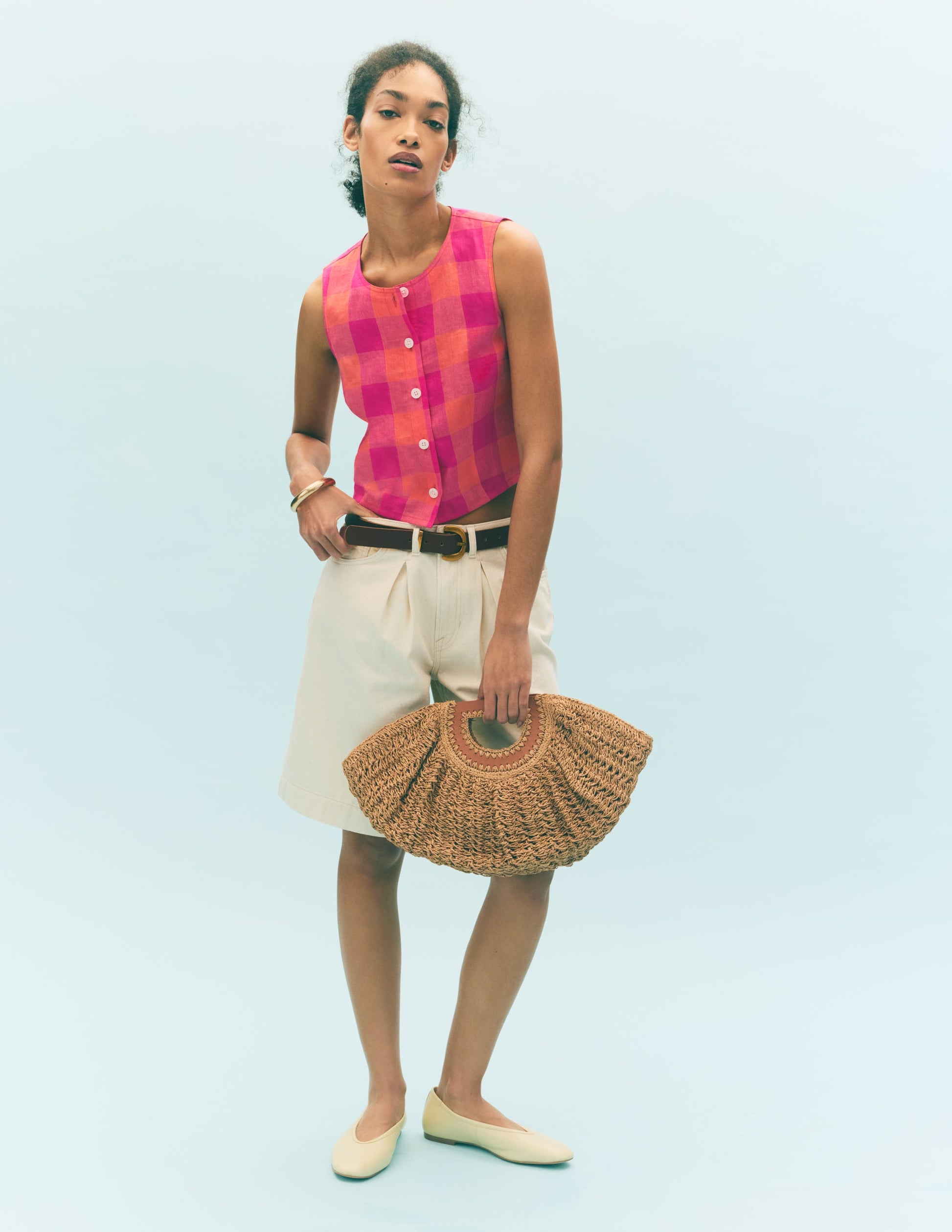 Andrea Linen Shell Top-Zesty Orange, Pink Gingham-6