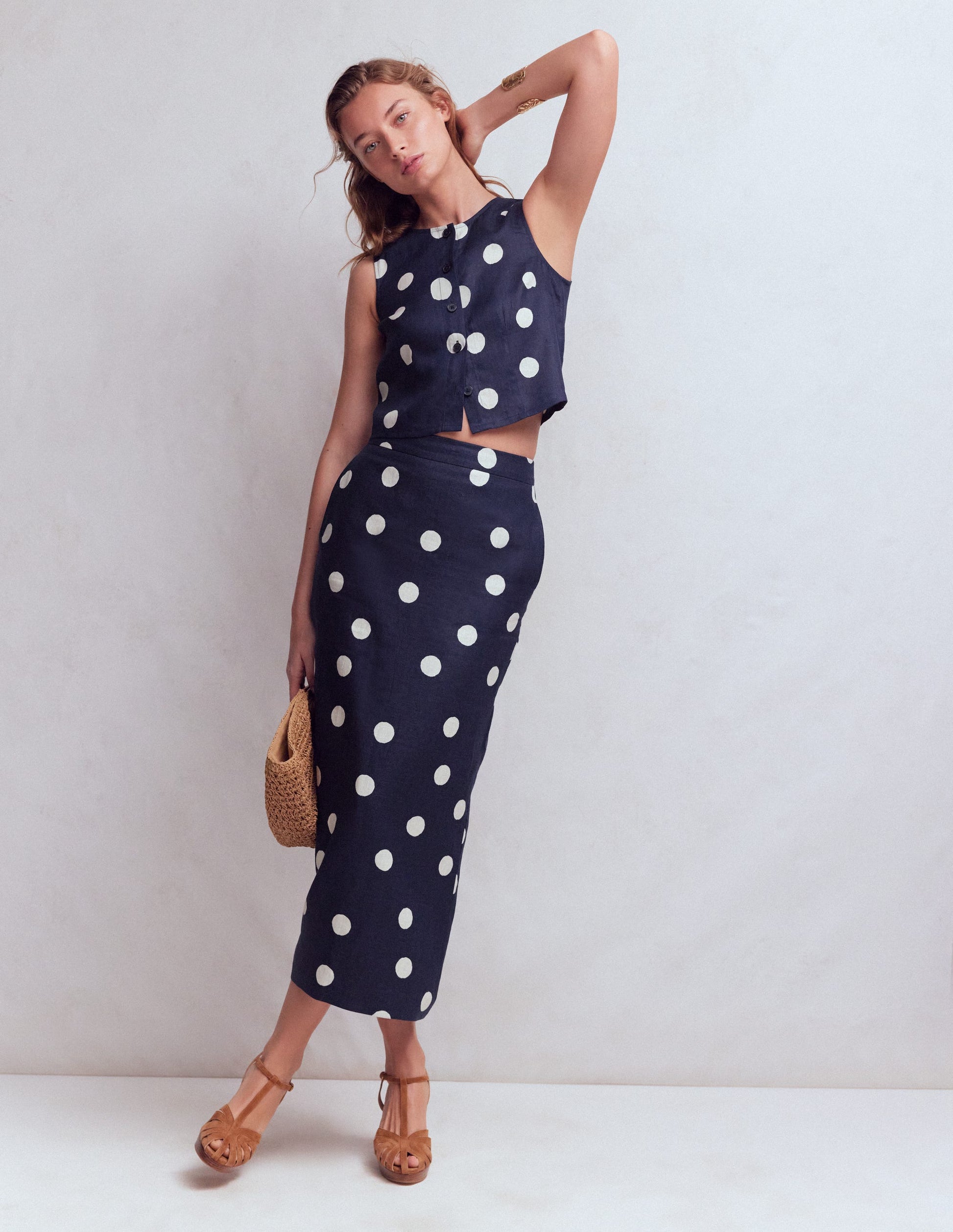 Andrea Linen Shell Top-French Navy, Painted Dot-4