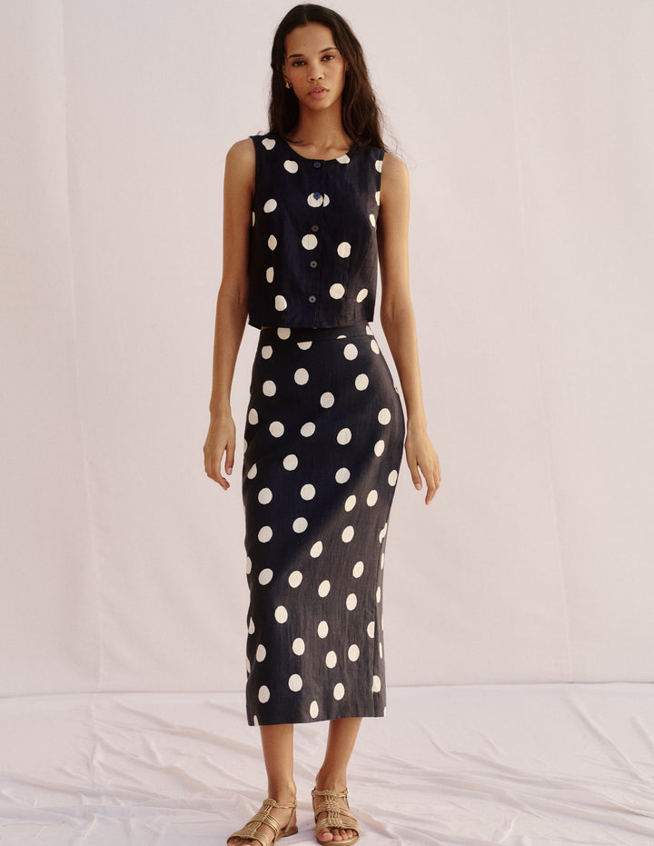 Andrea linen shell top-French Navy, Painted Dot Large
