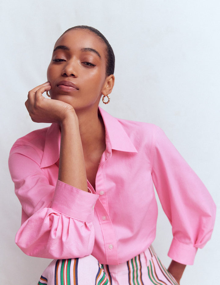 Puff Sleeve Oxford Shirt-Pink