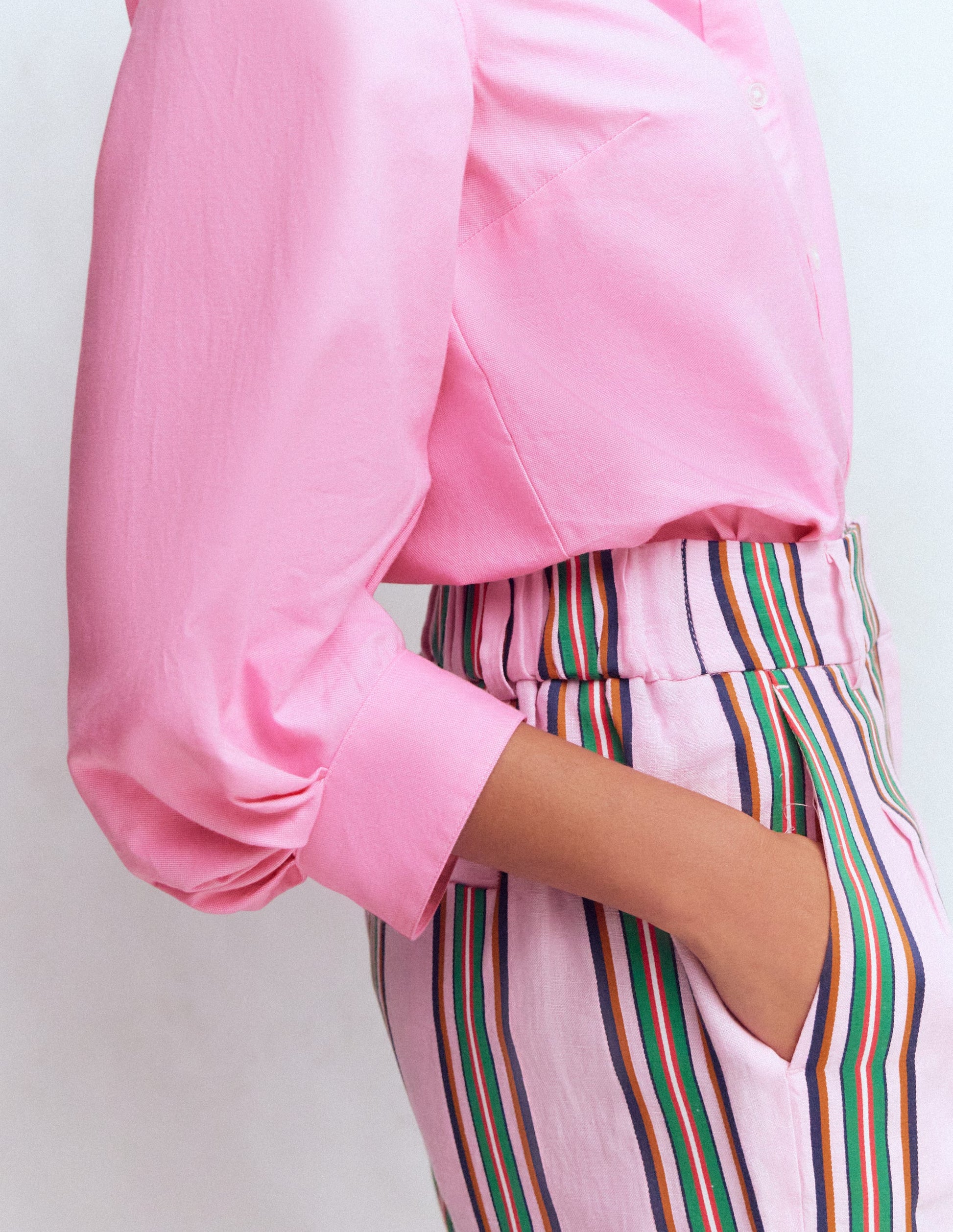 Puff Sleeve Oxford Shirt-Pink-2