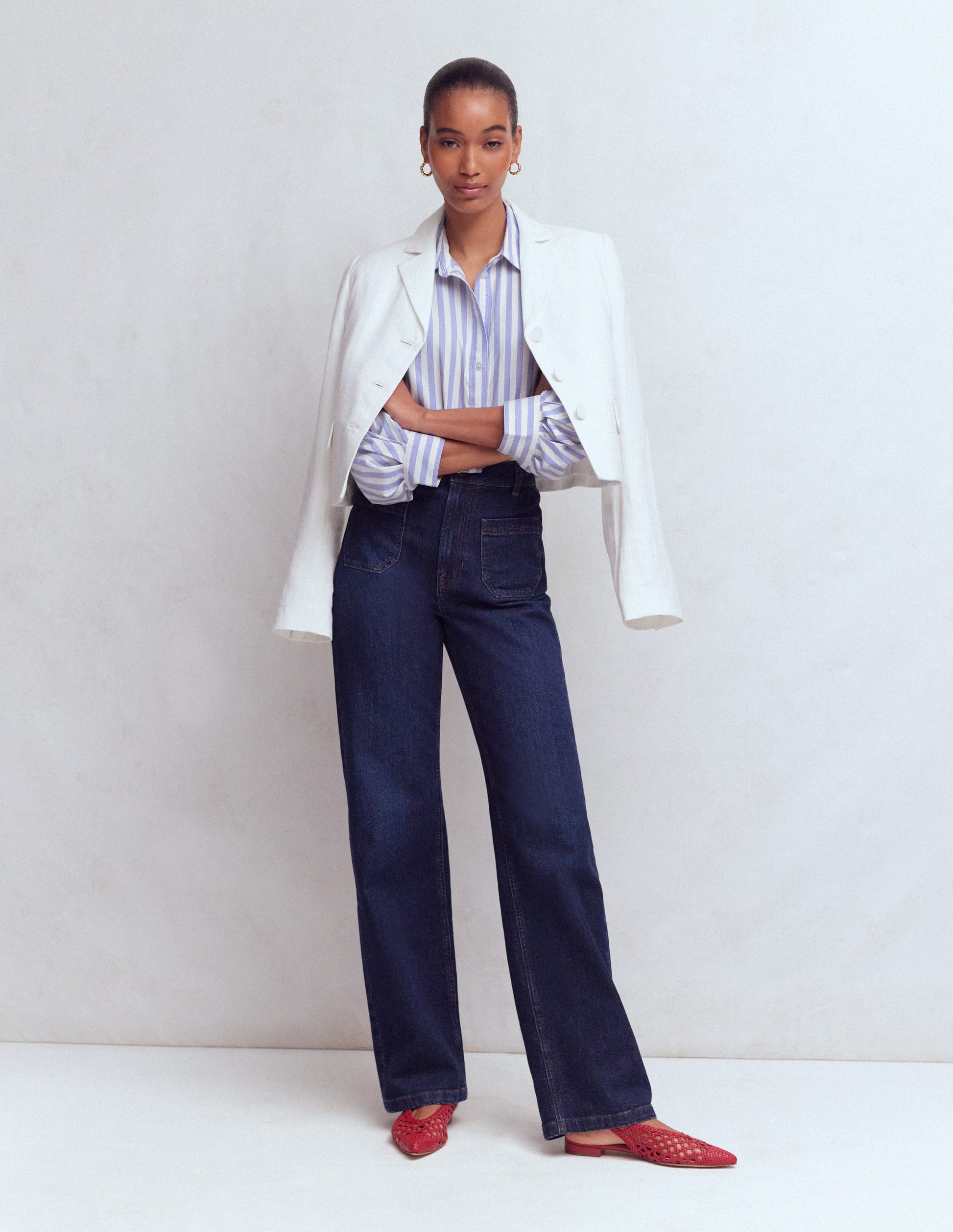 Puff Sleeve Oxford Shirt-Navy, Ivory Stripe-4