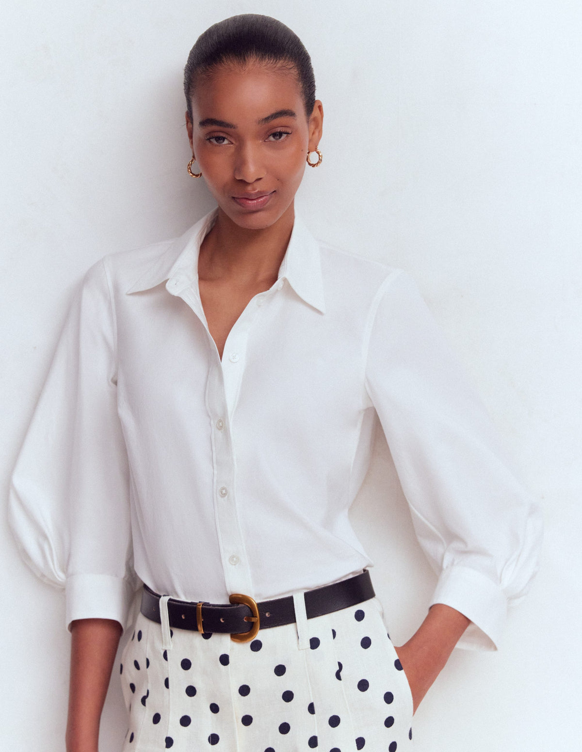 Puff Sleeve Oxford Shirt-White - Image 1