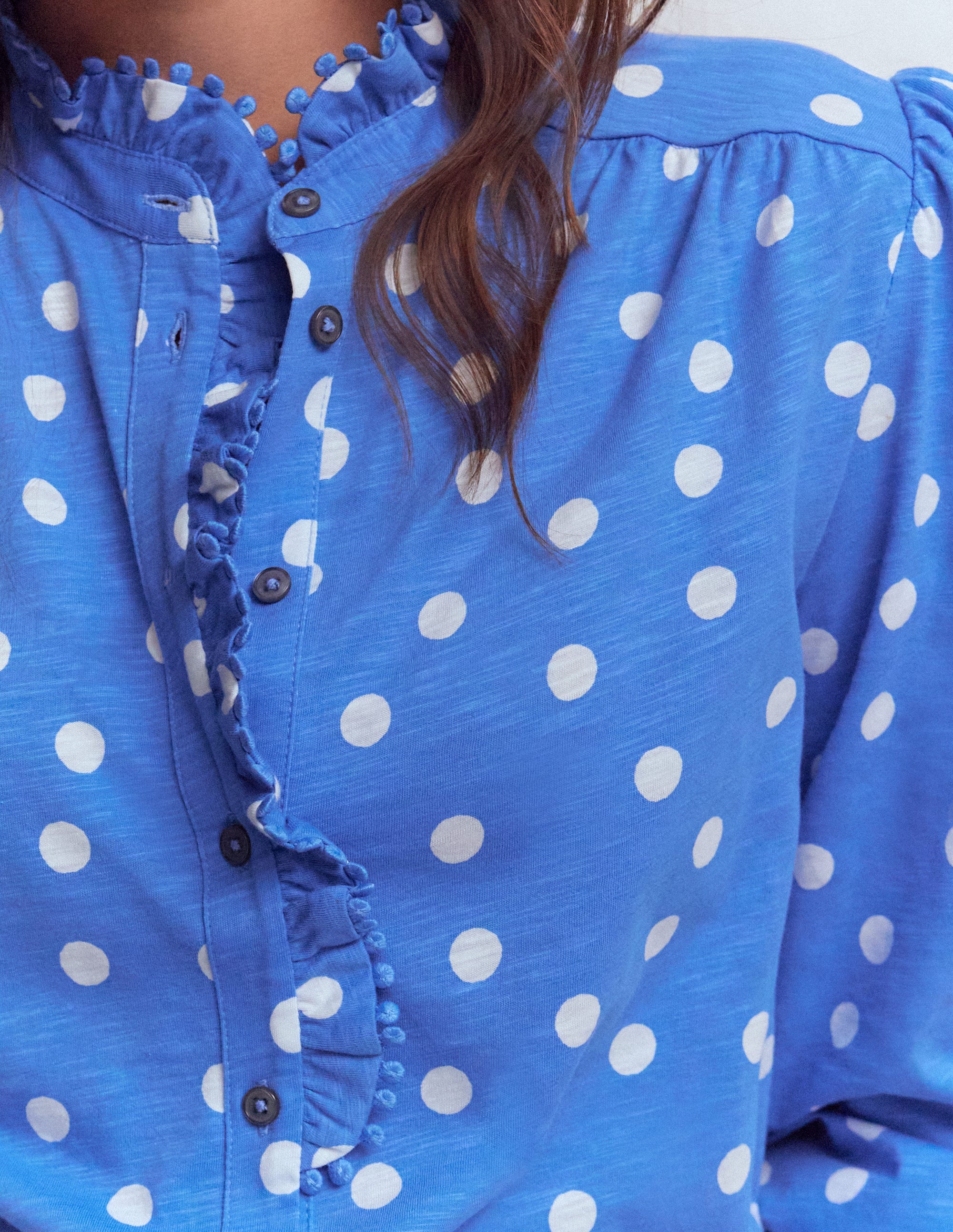 Emily Pom Trim Ruffle Shirt-Regatta, Painted Dot Spaced - Image 2