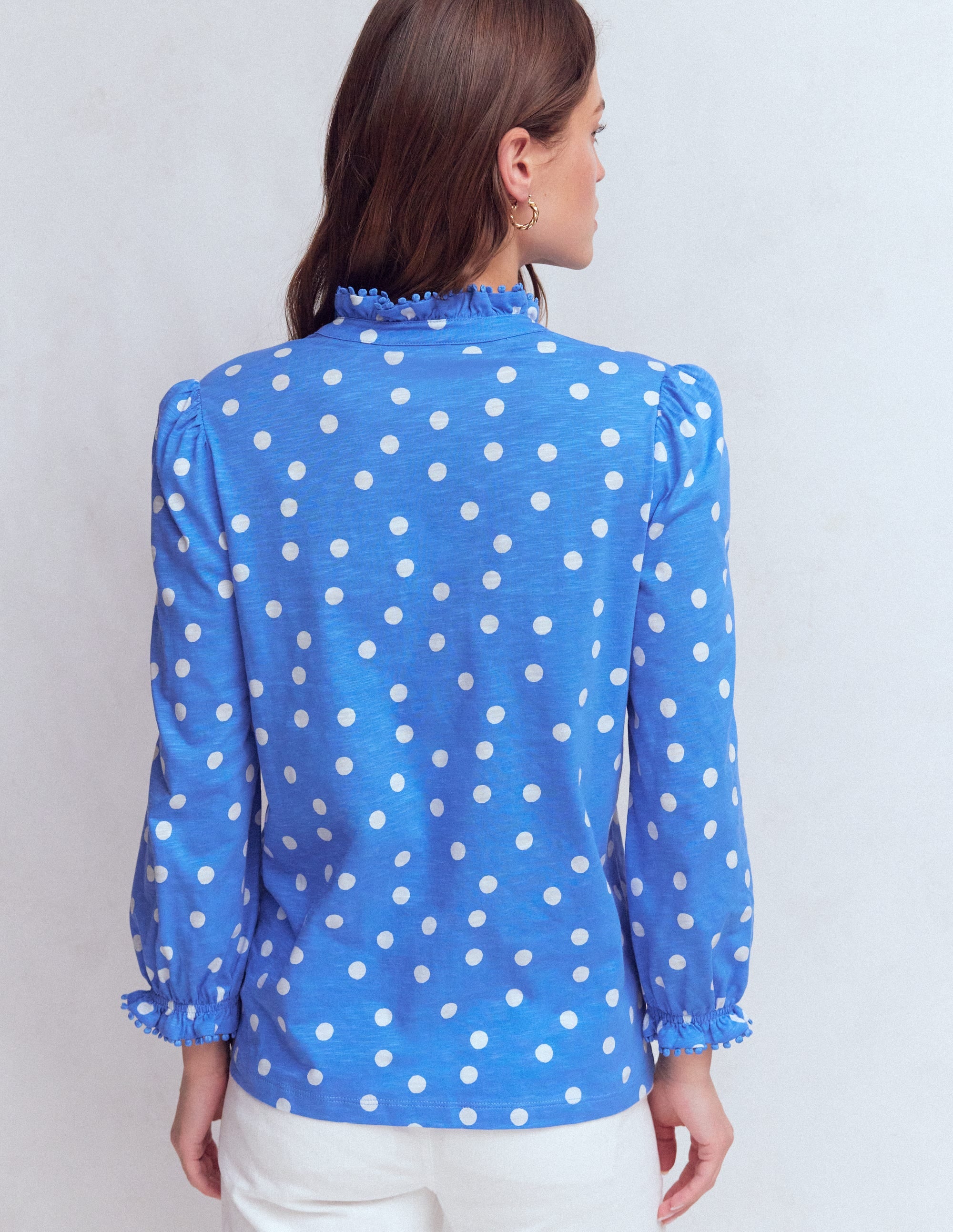 Emily Pom Trim Ruffle Shirt-Regatta, Painted Dot Spaced - Image 3