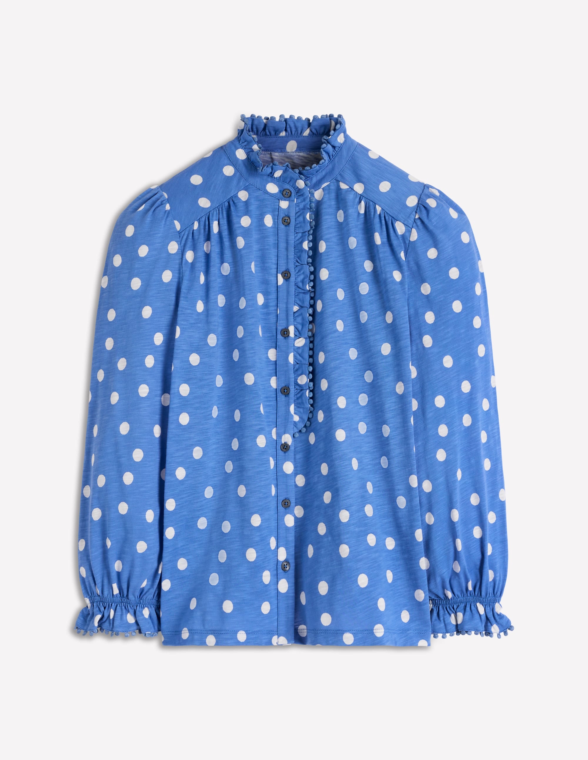 Emily Pom Trim Ruffle Shirt-Regatta, Painted Dot Spaced - Image 5