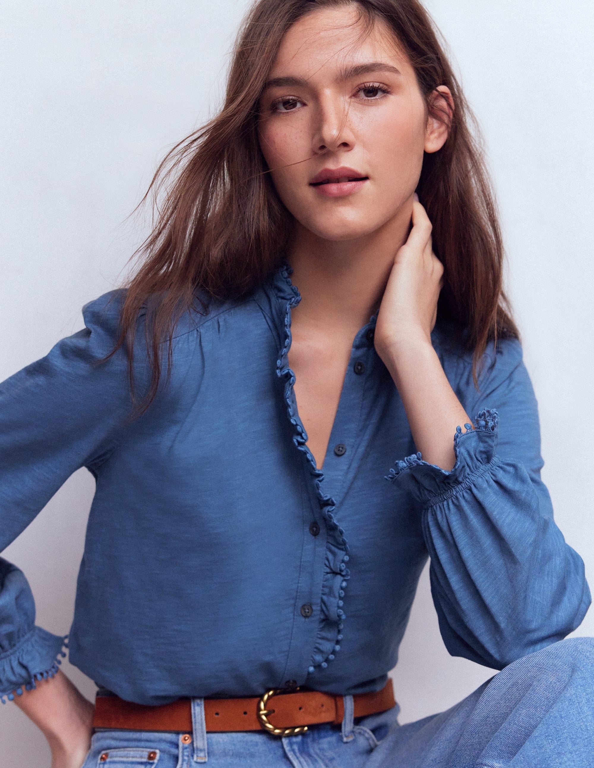 Emily Pom Trim Ruffle Shirt-Denim Blue - Image 1