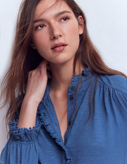 Emily Pom Detail Ruffle Shirt-True Navy-2