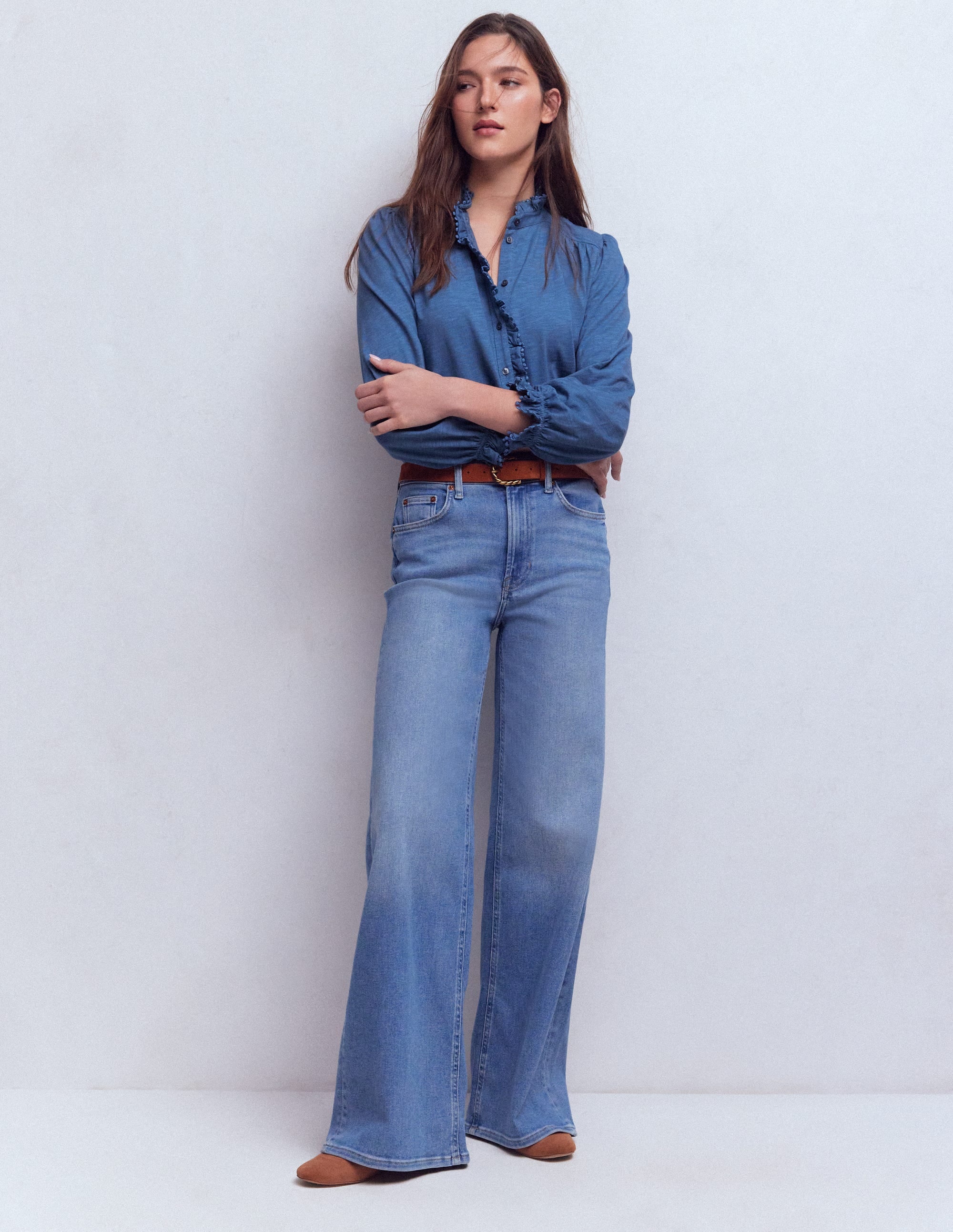 Emily Pom Trim Ruffle Shirt-Denim Blue - Image 4