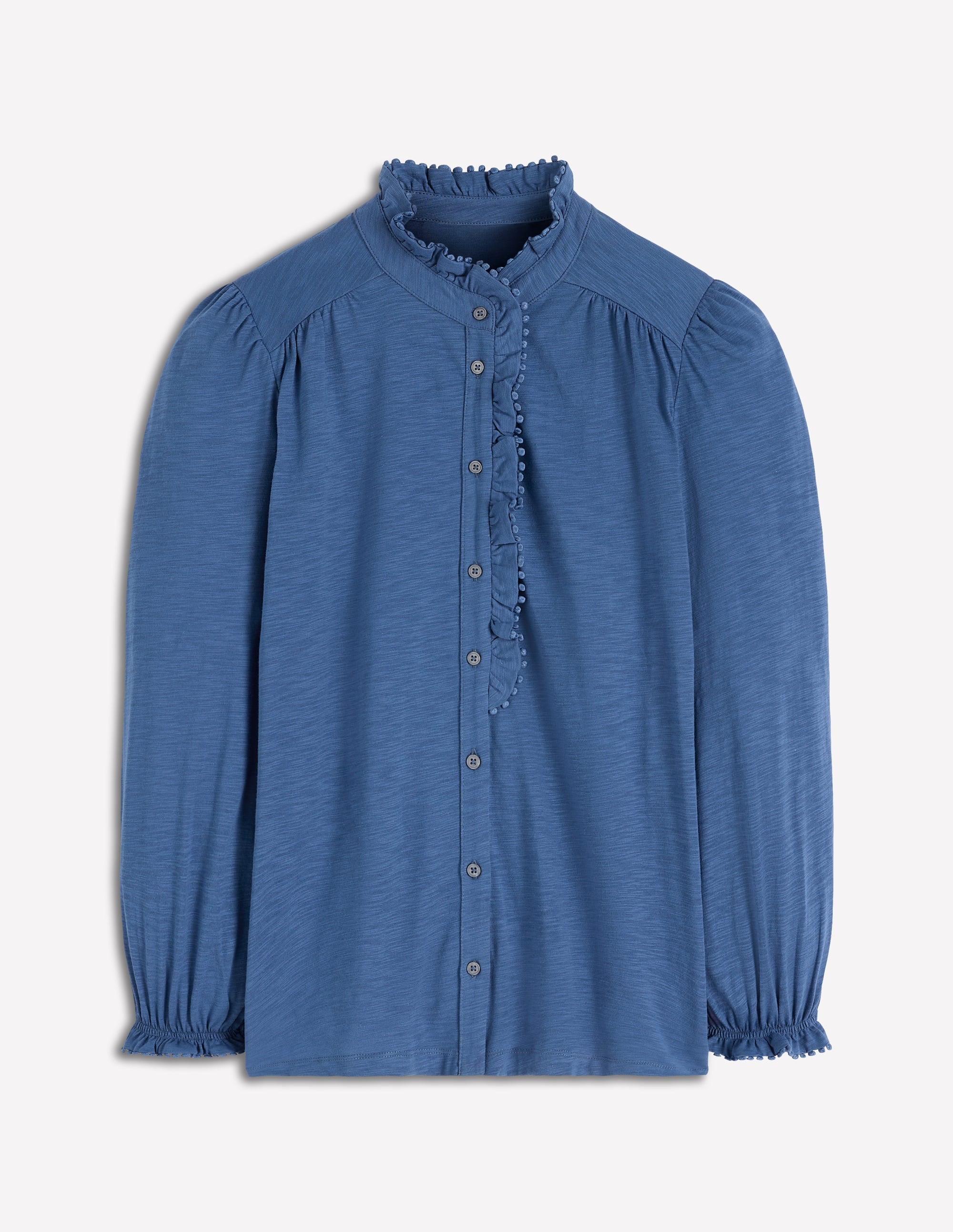Emily Pom Trim Ruffle Shirt-Denim Blue - Image 5