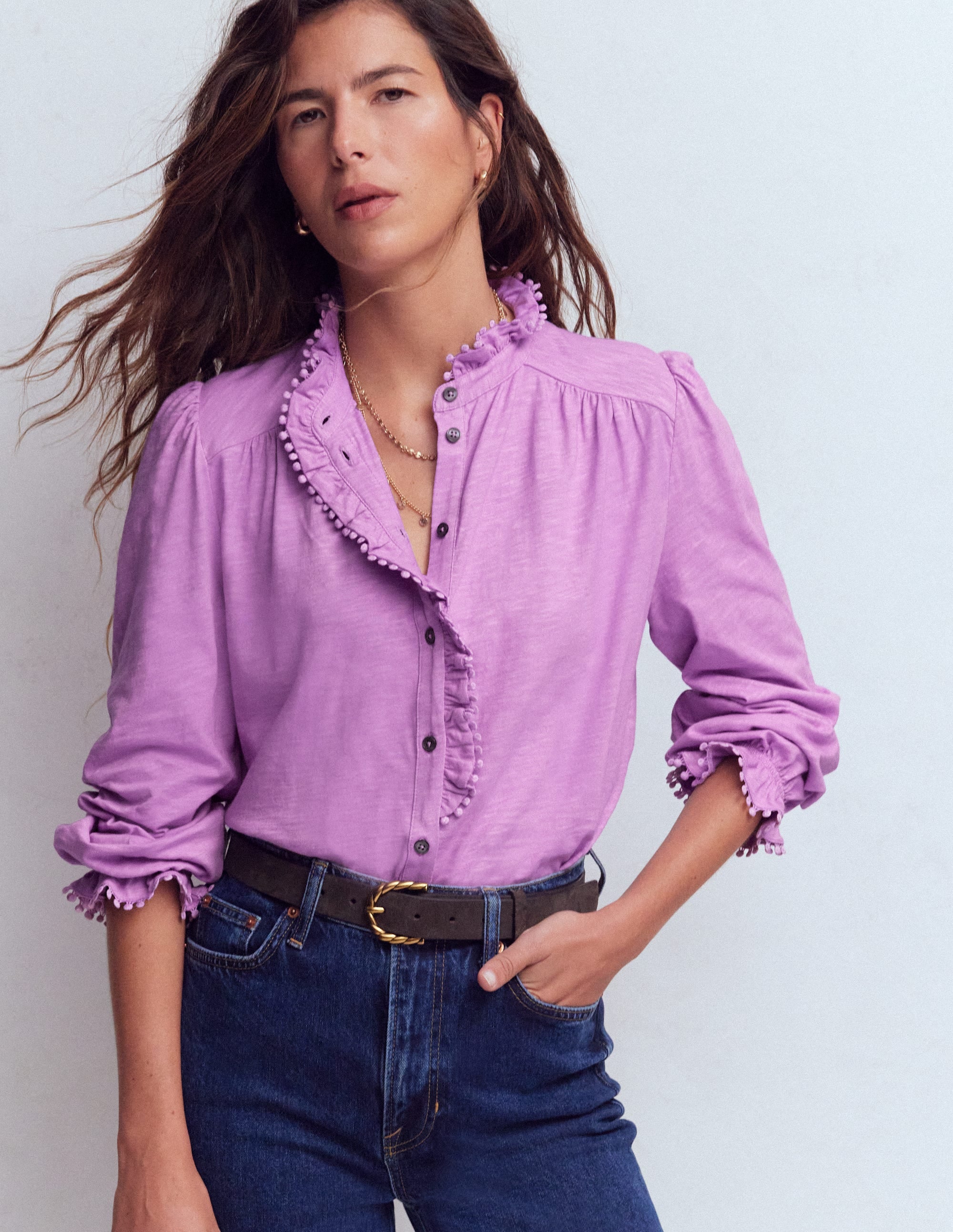 Emily Pom Trim Ruffle Shirt-Chalky Violet - Image 1