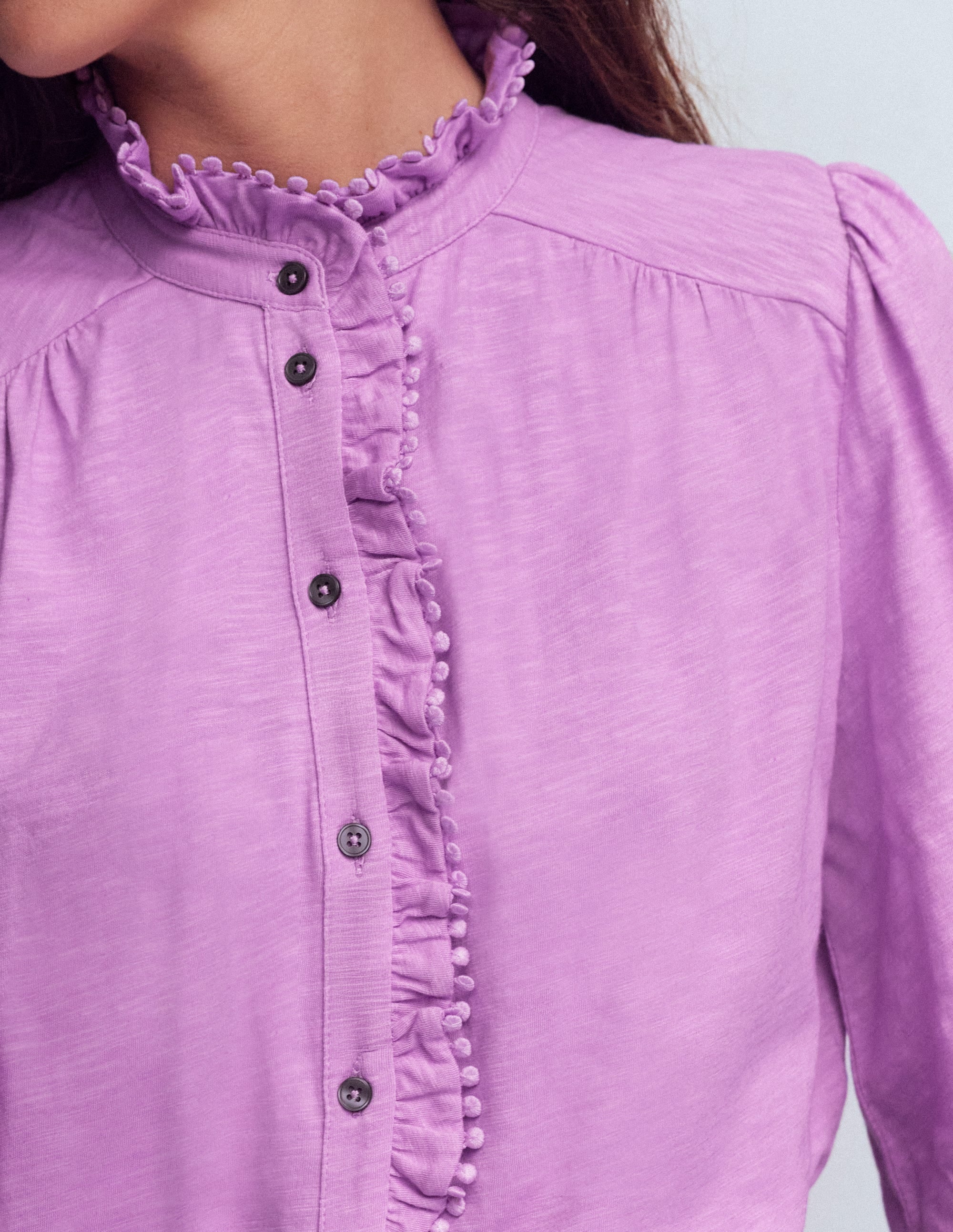 Emily Pom Trim Ruffle Shirt-Chalky Violet - Image 2