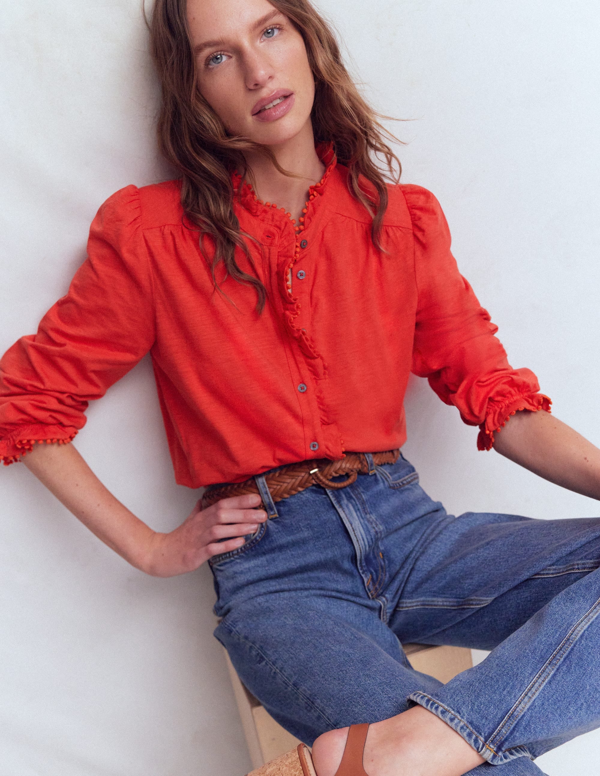 Emily Pom Trim Ruffle Shirt-Blood Orange - Image 1