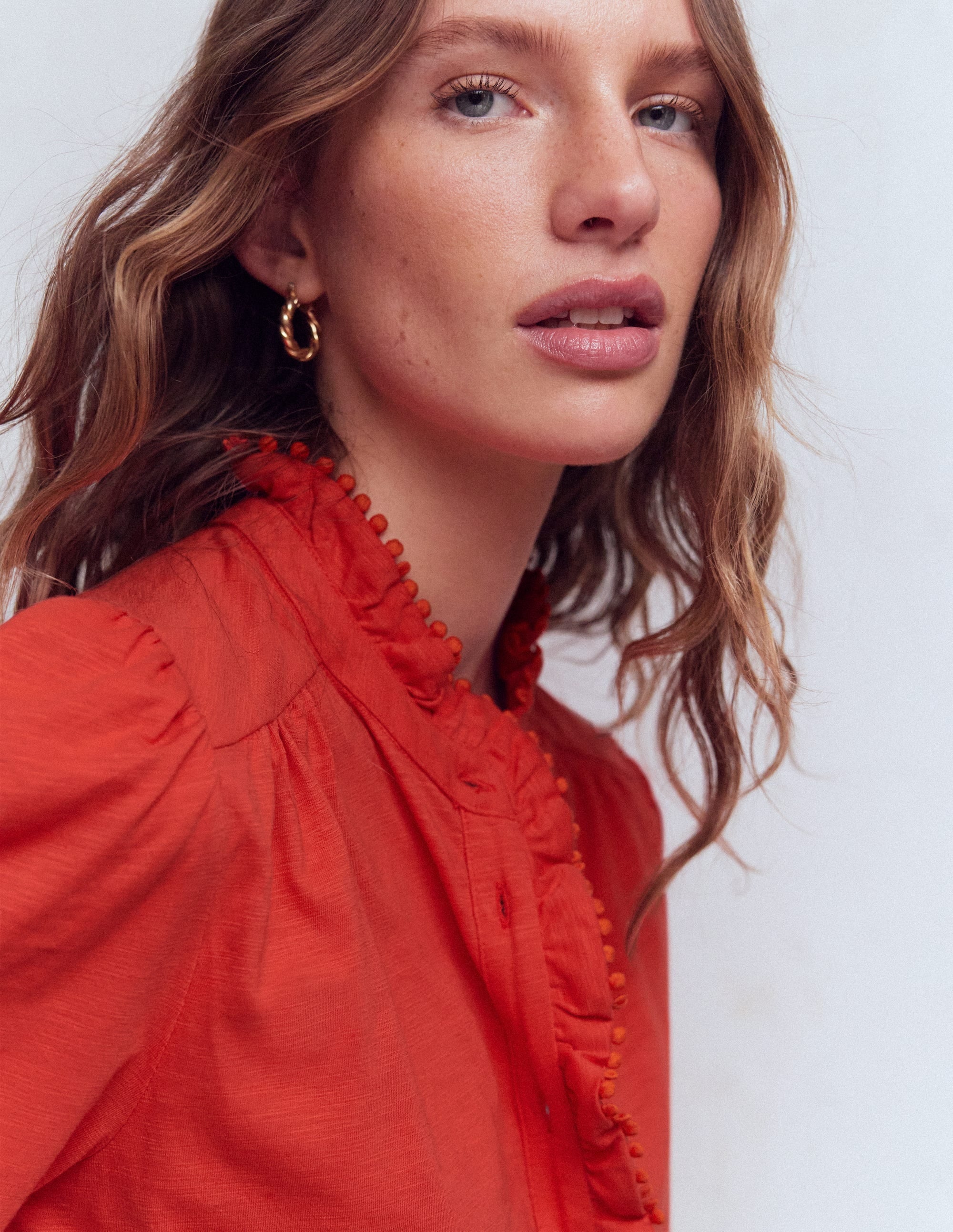 Emily Pom Trim Ruffle Shirt-Blood Orange - Image 2