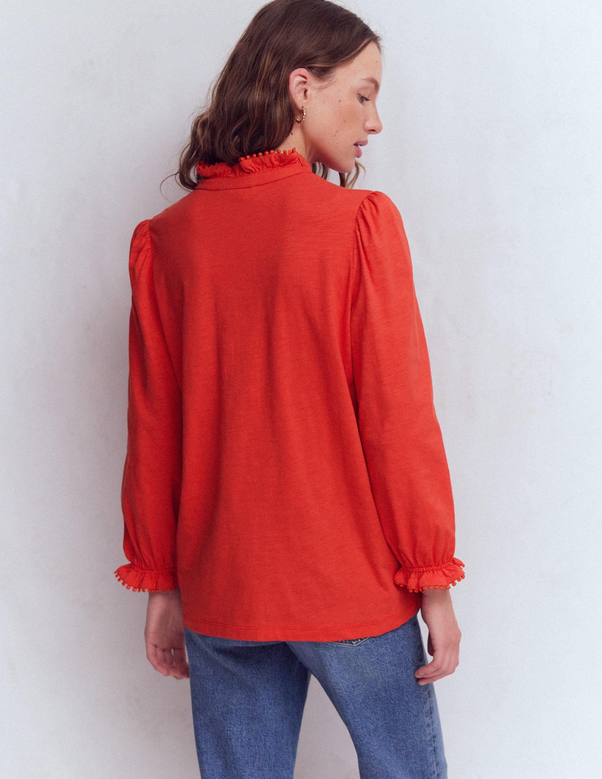 Emily Pom Trim Ruffle Shirt-Blood Orange - Image 3