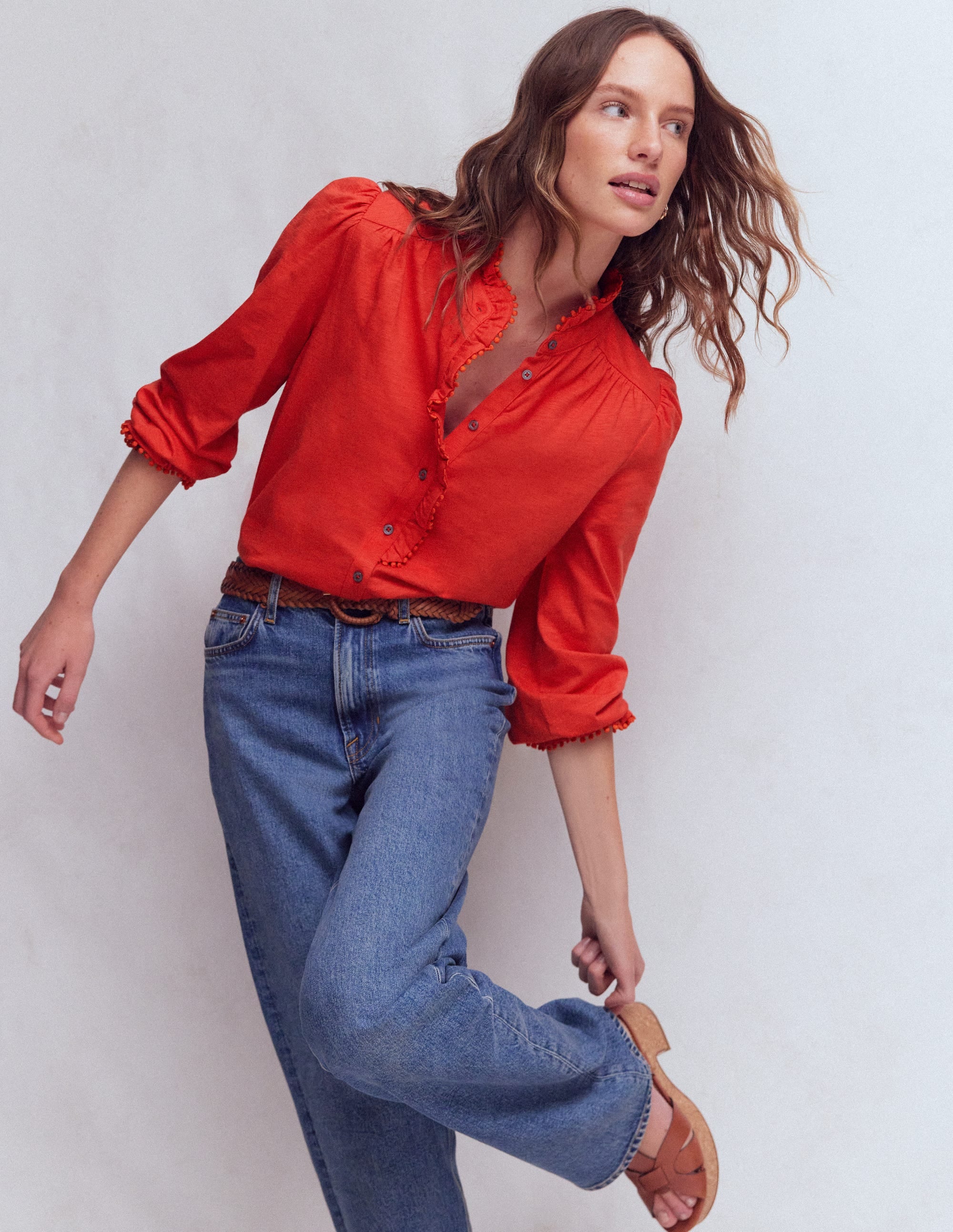 Emily Pom Trim Ruffle Shirt-Blood Orange - Image 5