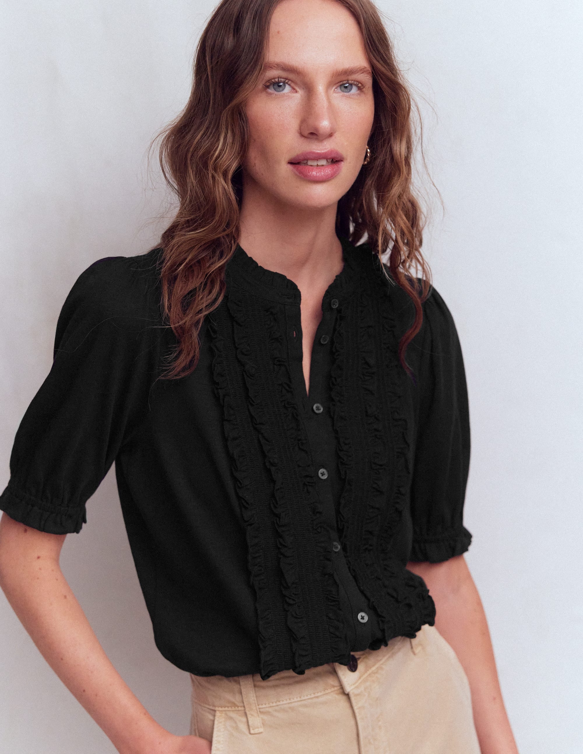 Eda Ruffle Front Shirt-Black | Boden UK