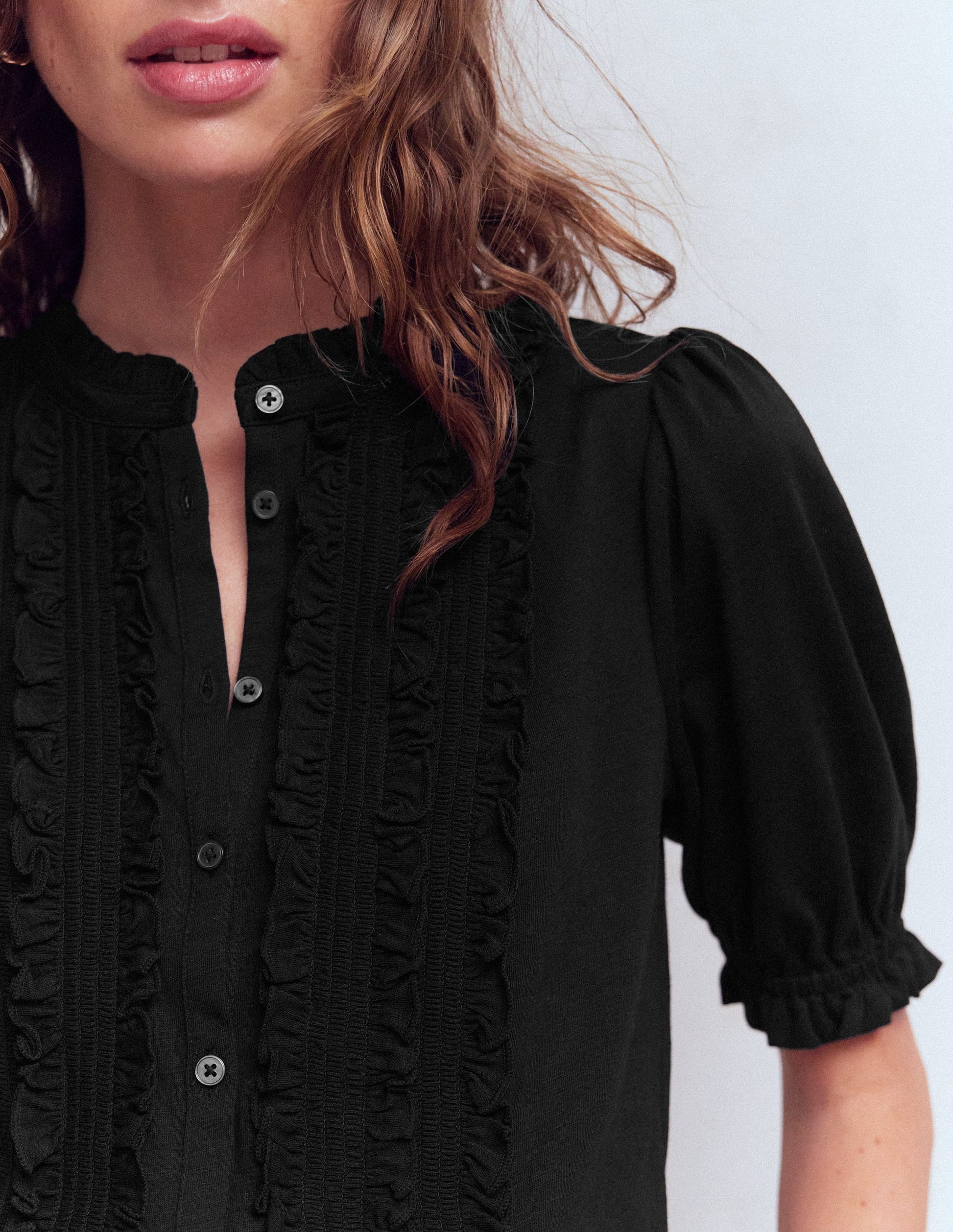 Eda Ruffle Front Shirt-Black-2