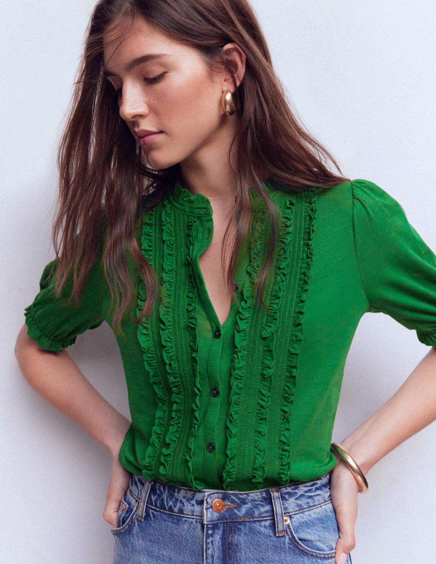 Eda Ruffle Front Shirt-Verdant Green