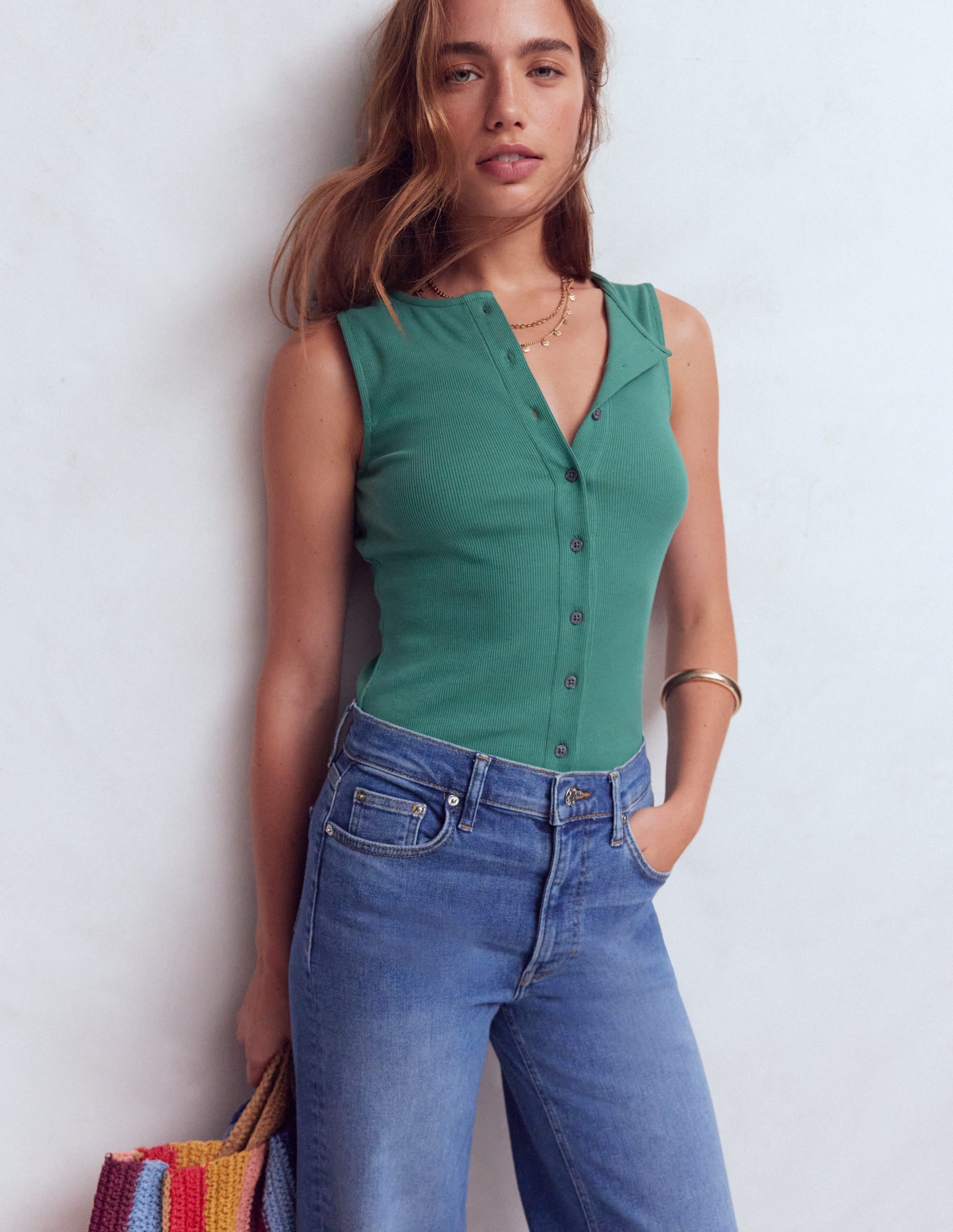Evie Button Through Rib Vest-Deep Sea - Image 1