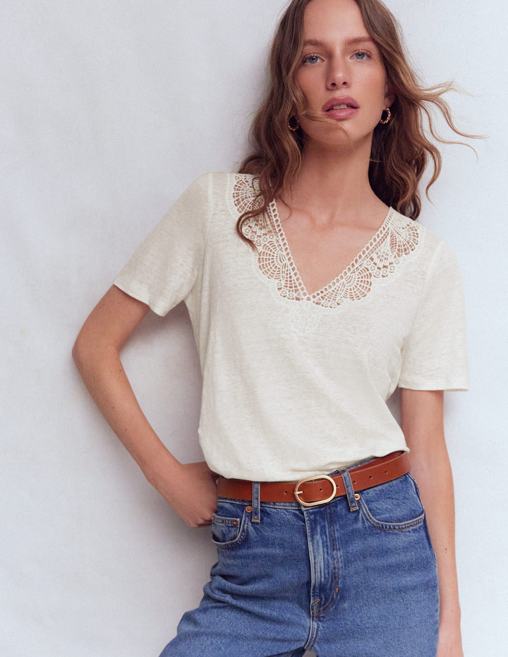 Tara Lace Trim Linen T-shirt-Coconut Milk