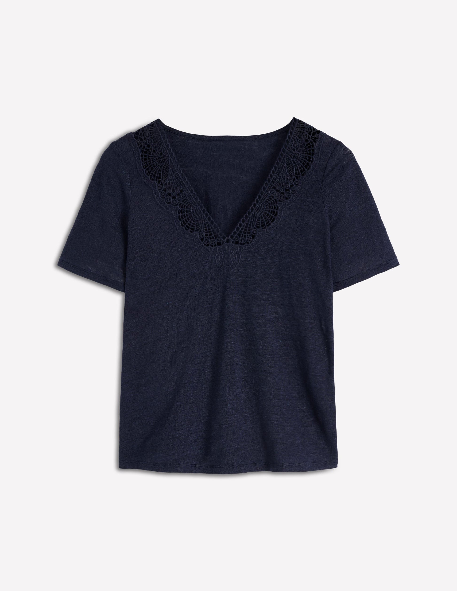 Tara Lace Trim Linen T-shirt-Navy Blazer-5