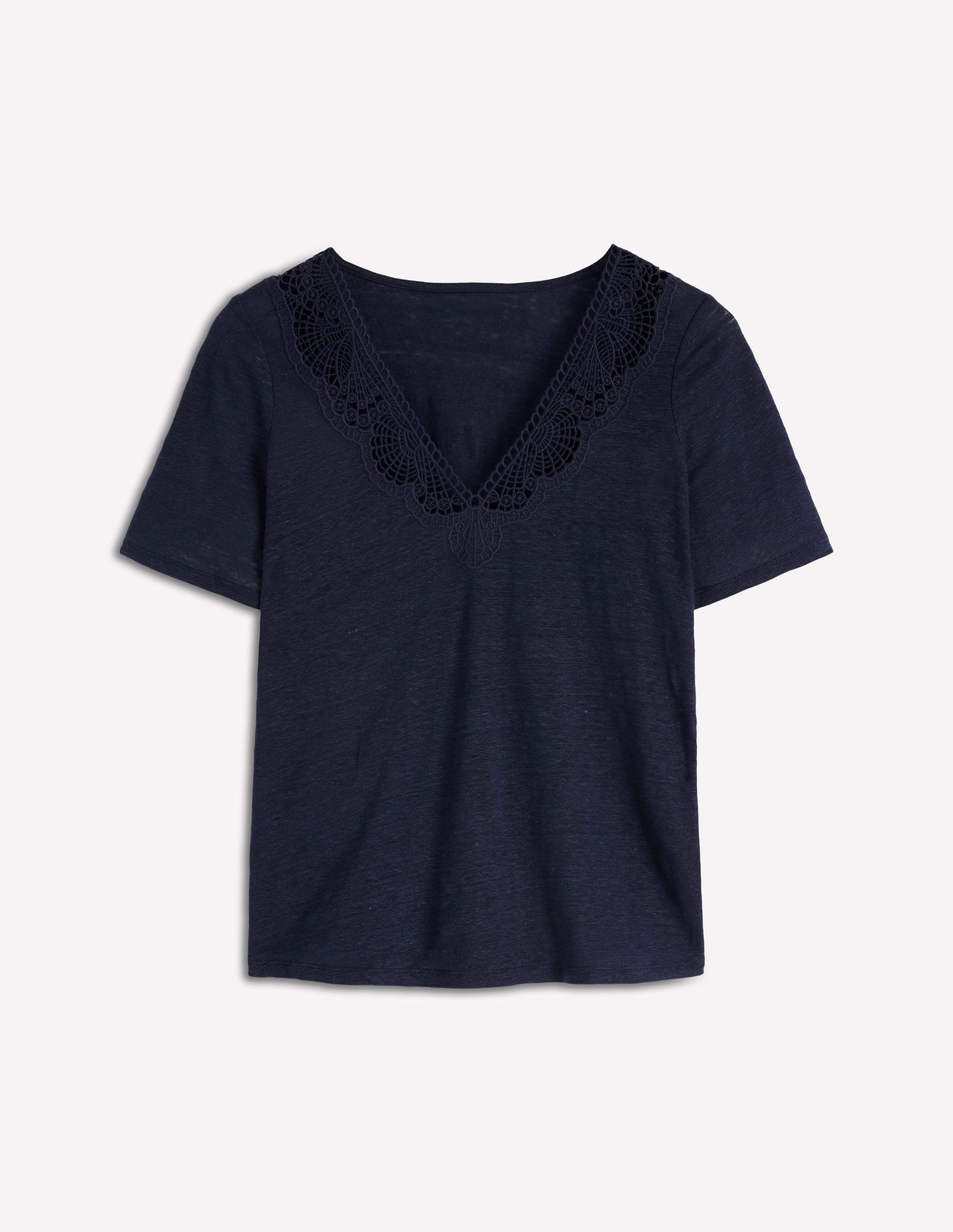 Tara Lace Trim Linen T-shirt-Navy Blazer - Image 5