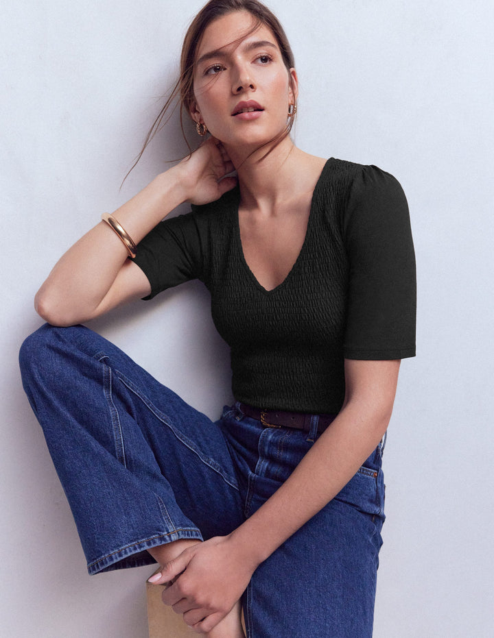 Lyla Smocked V Neck Top-Black