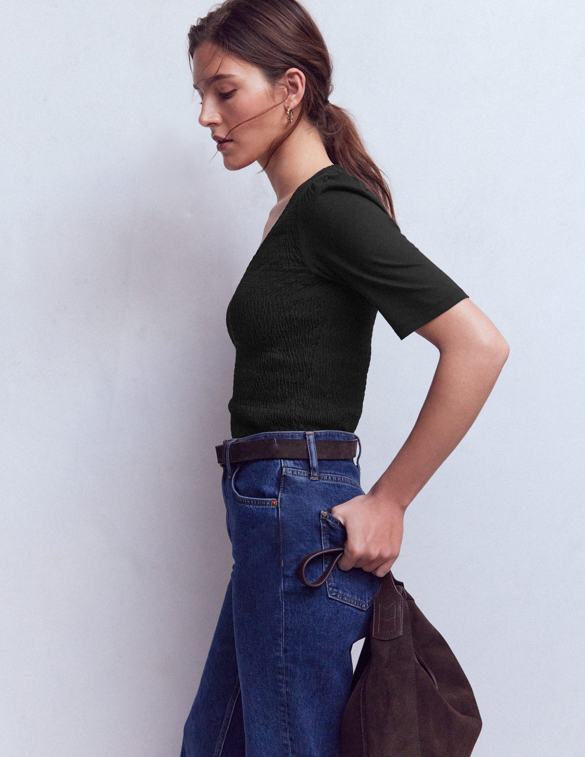 Lyla Smocked V Neck Top-Black-4