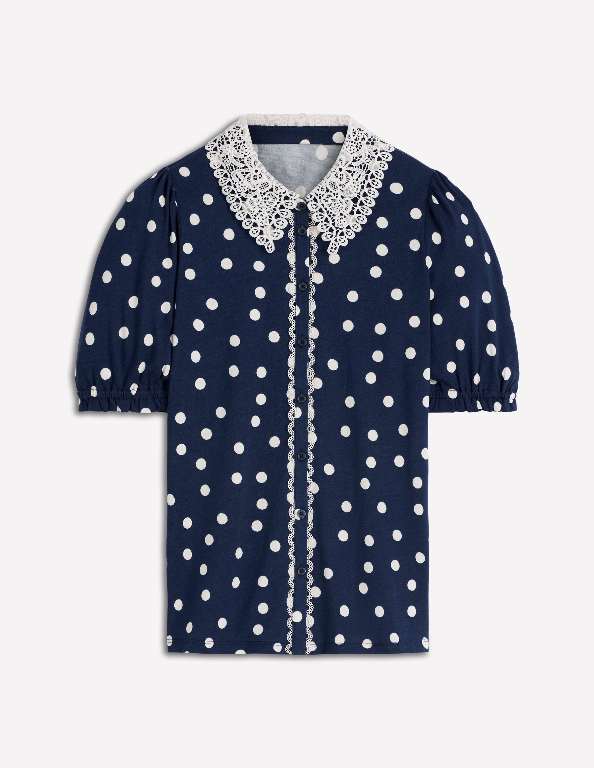 Nessa Broderie Collar Blouse-Navy & Ivory Spot Print-5