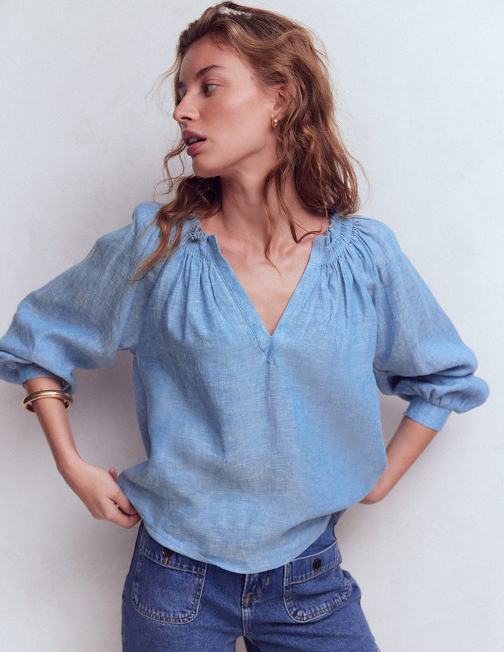Serena Pleat Neck Linen Top-Chambray