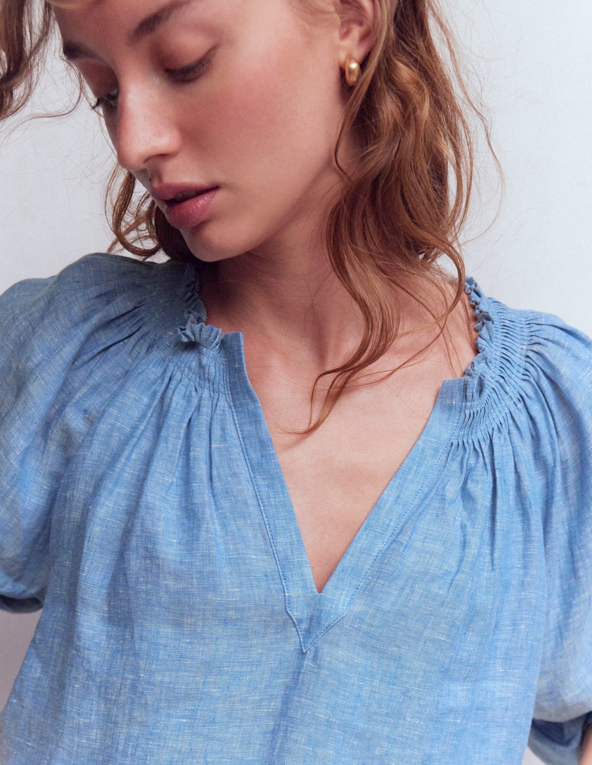Serena Pleat Neck Linen Top-Chambray-2