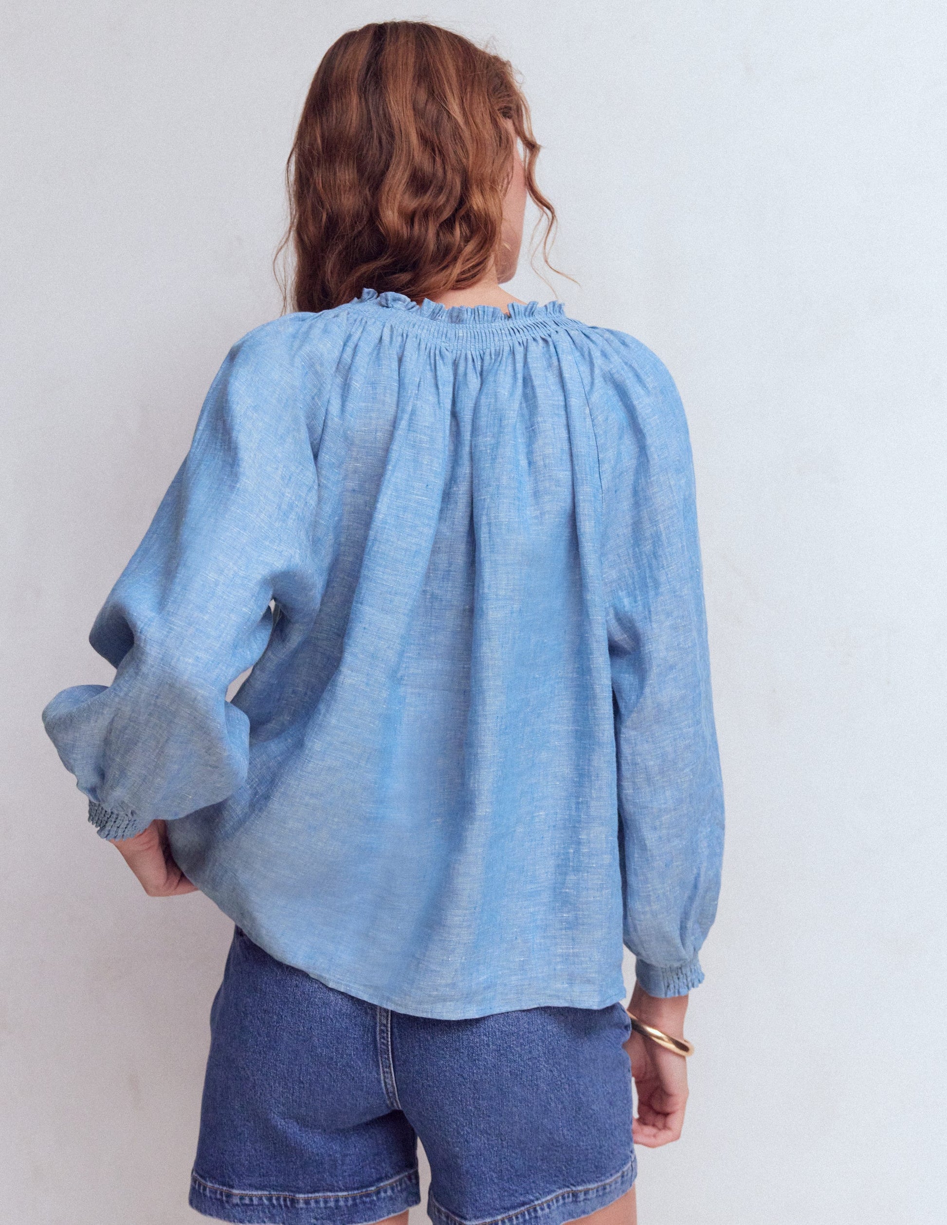 Serena Pleat Neck Linen Top-Chambray-3