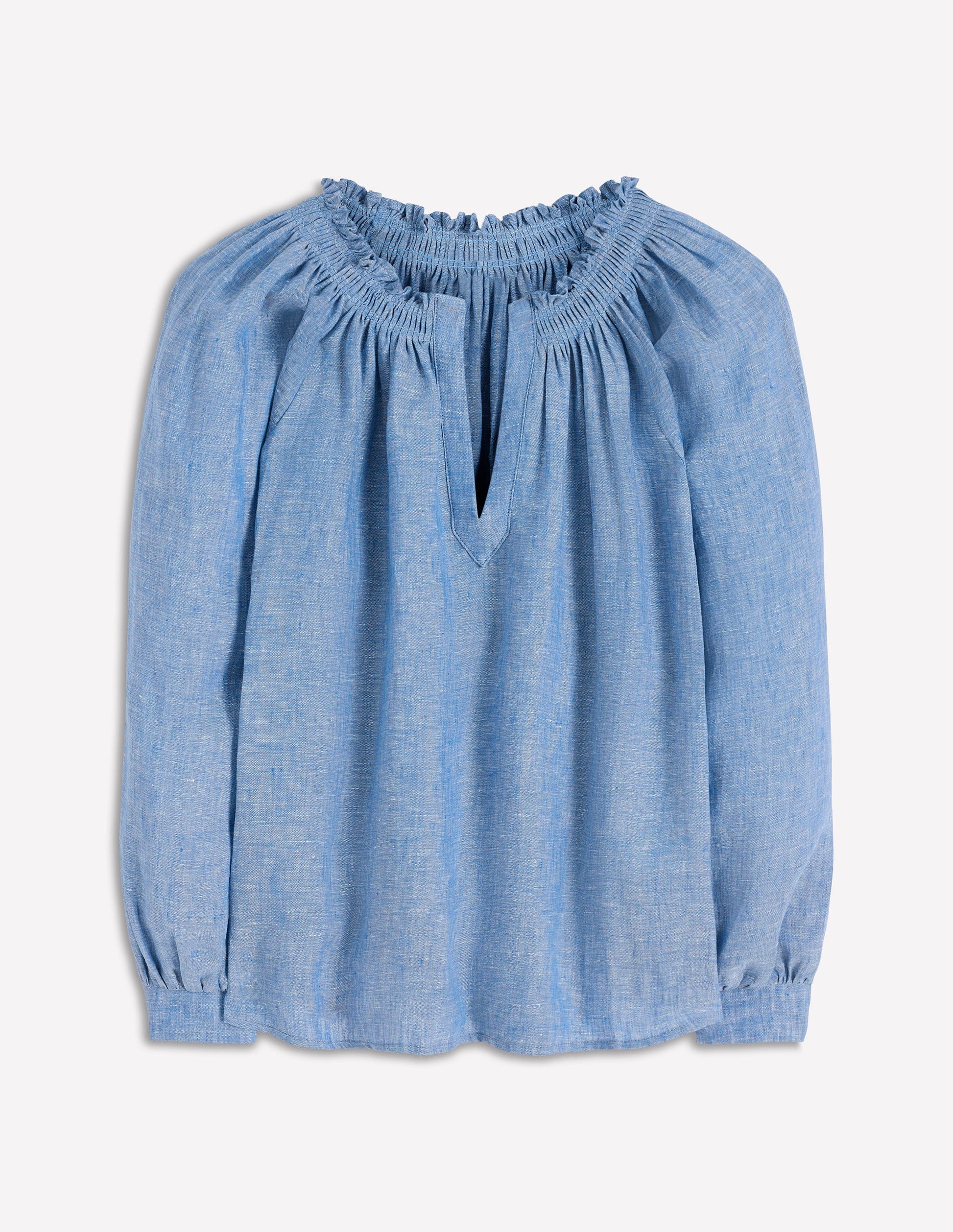 Serena Pleat Neck Linen Top-Chambray-4